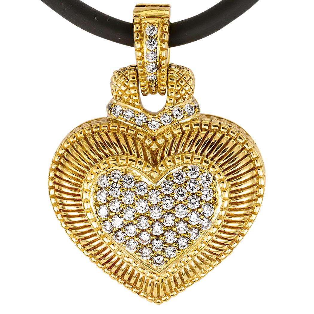 Round Cut Judith Ripka Diamond Yellow Gold Heart Shaped Enhancer Pendant
