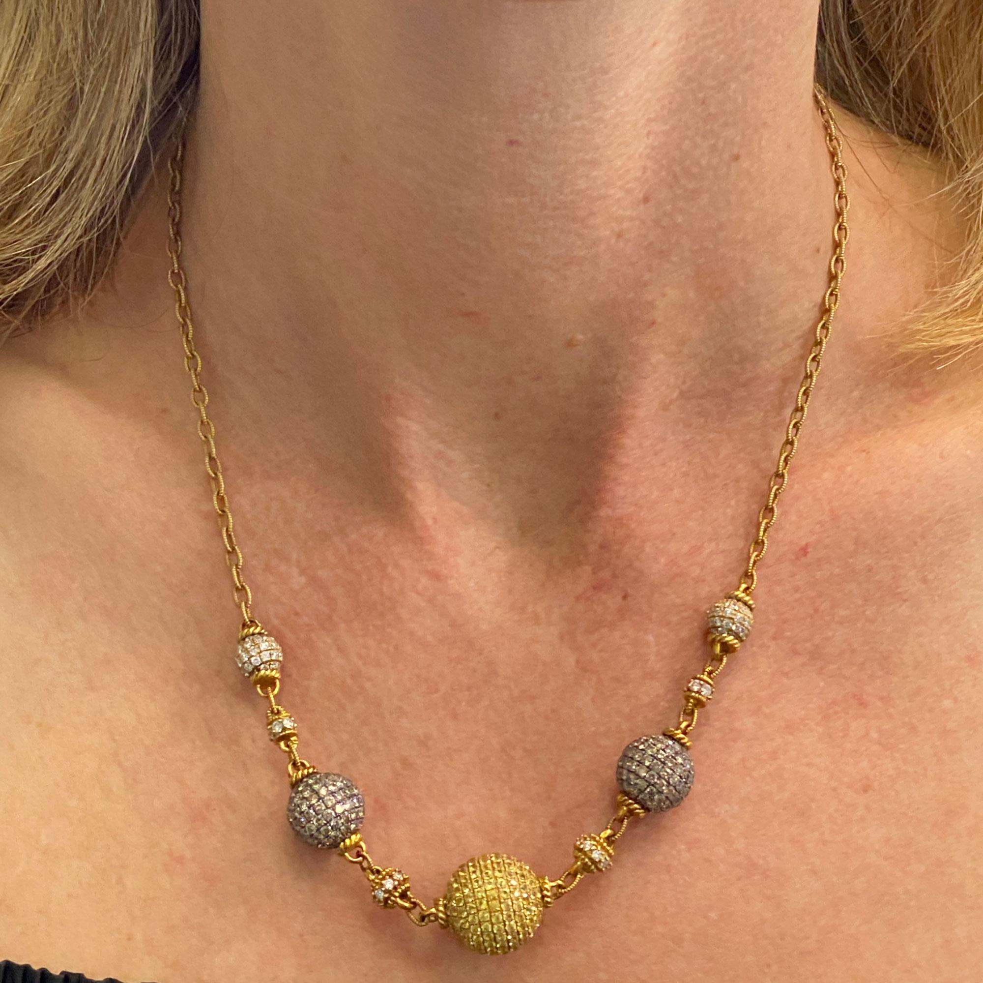 Judith Ripka Diamond Yellow Sapphire 18 Karat Yellow Gold Ball Necklace In Excellent Condition In Boca Raton, FL