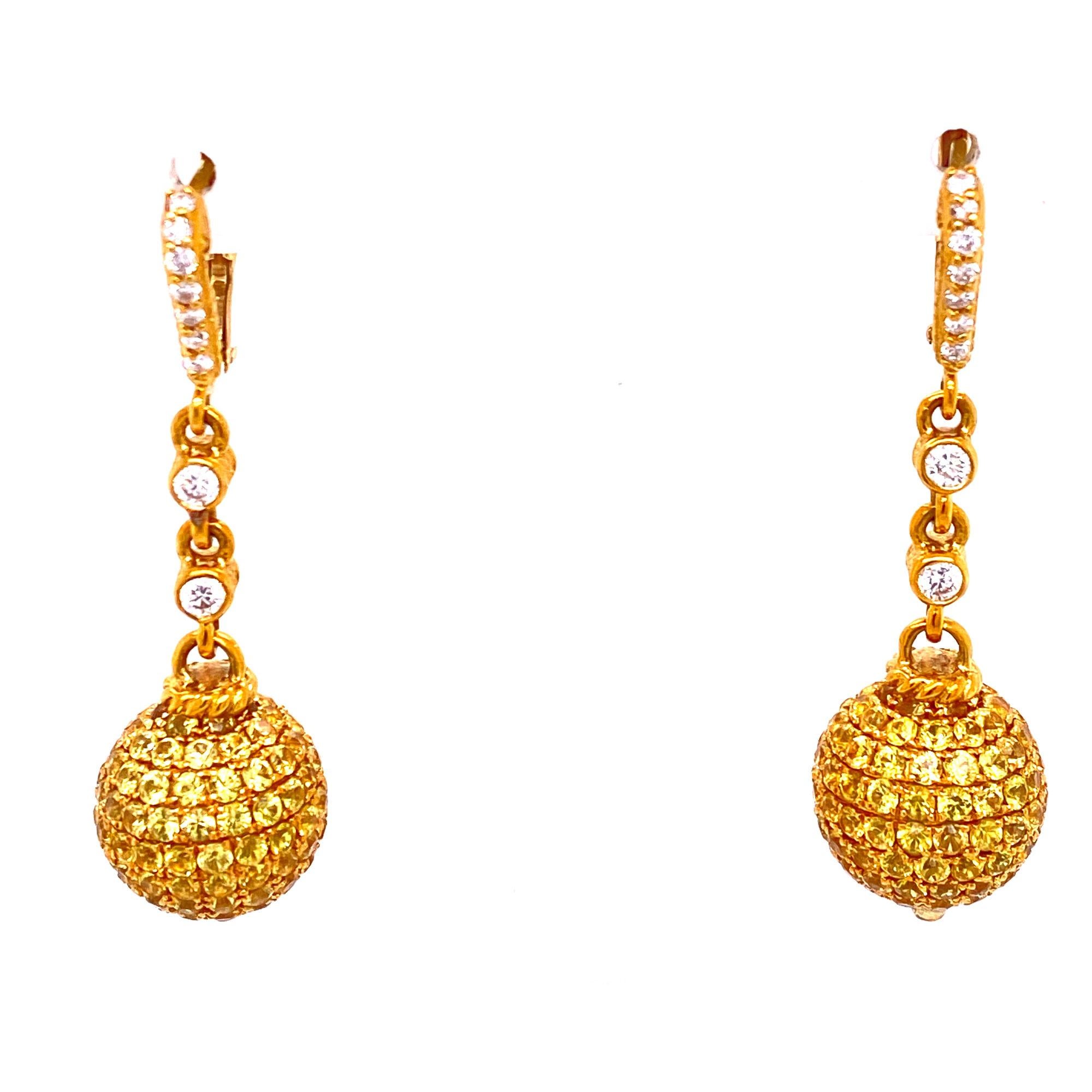 Round Cut Judith Ripka Diamond Yellow Sapphire Drop 18 Karat Yellow Gold Earrings