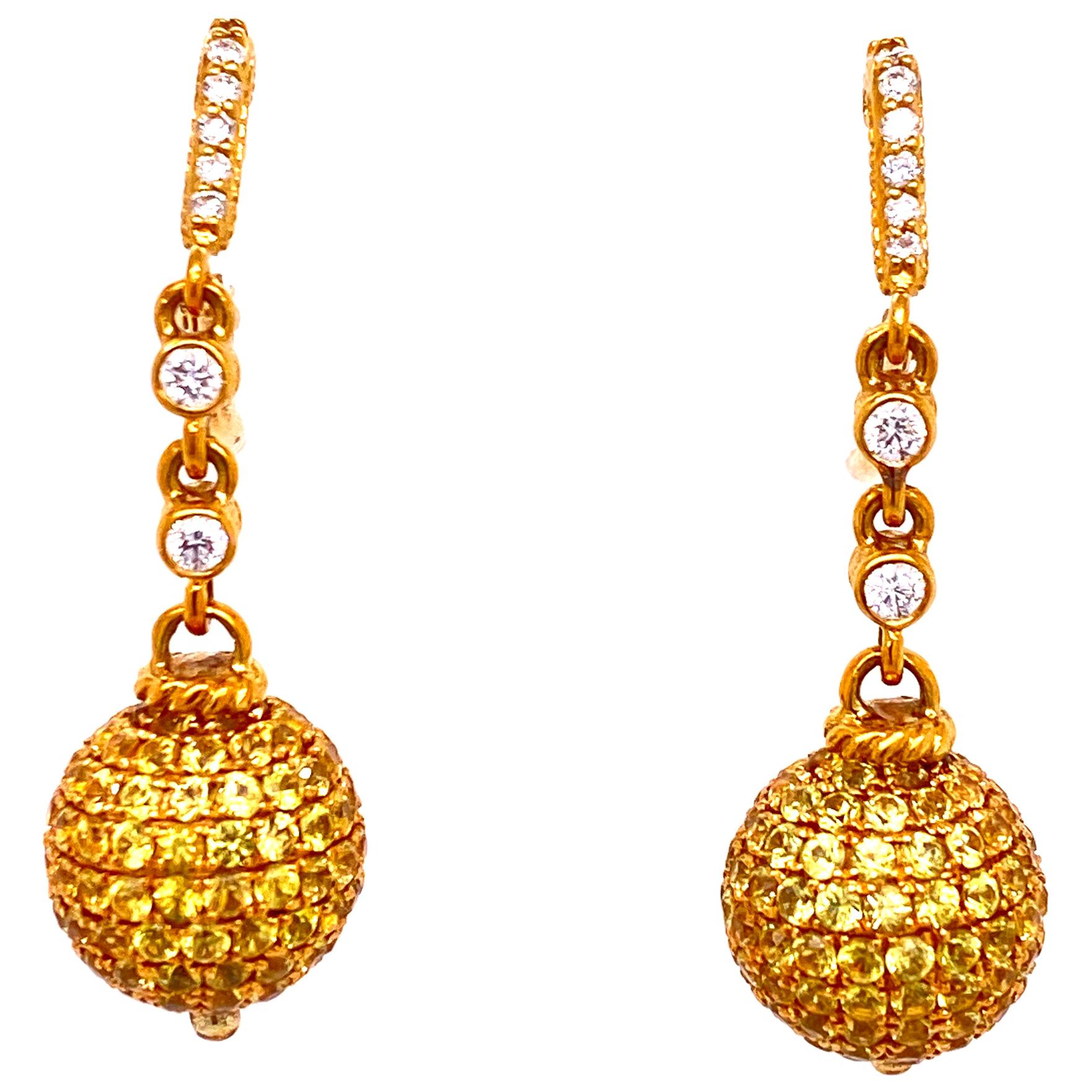 Judith Ripka Diamond Yellow Sapphire Drop 18 Karat Yellow Gold Earrings