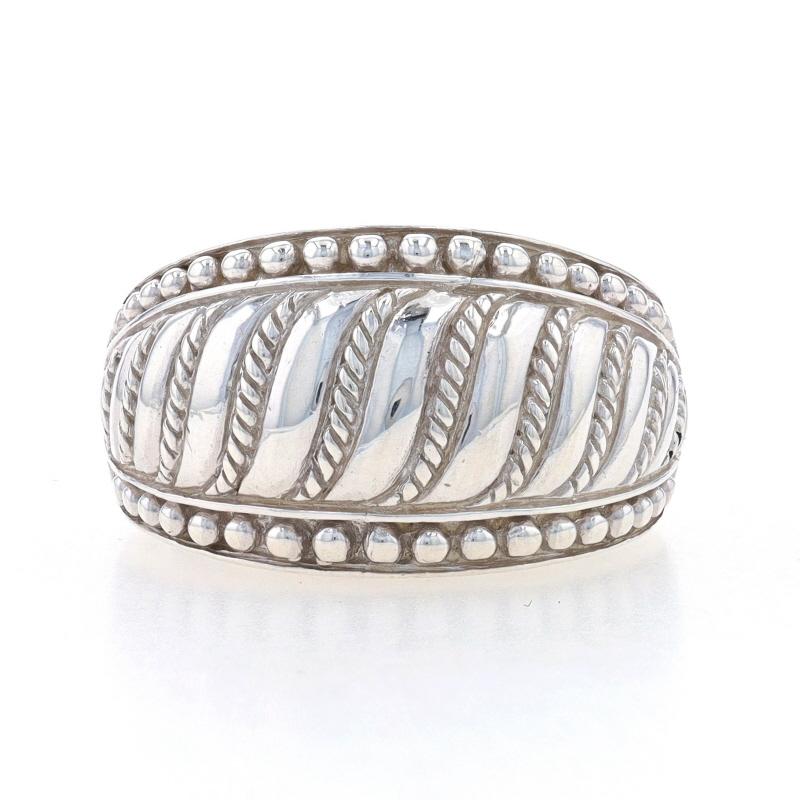 Size: 6
Sizing Fee: Up 2 sizes for $35 or Down 1 size for $35

Brand: Judith Ripka

Metal Content: Sterling Silver

Style: Dome Statement Band
Theme: Stripe
Features: Smooth & Textured Finishes

Measurements
Face Height (north to south): 17/32