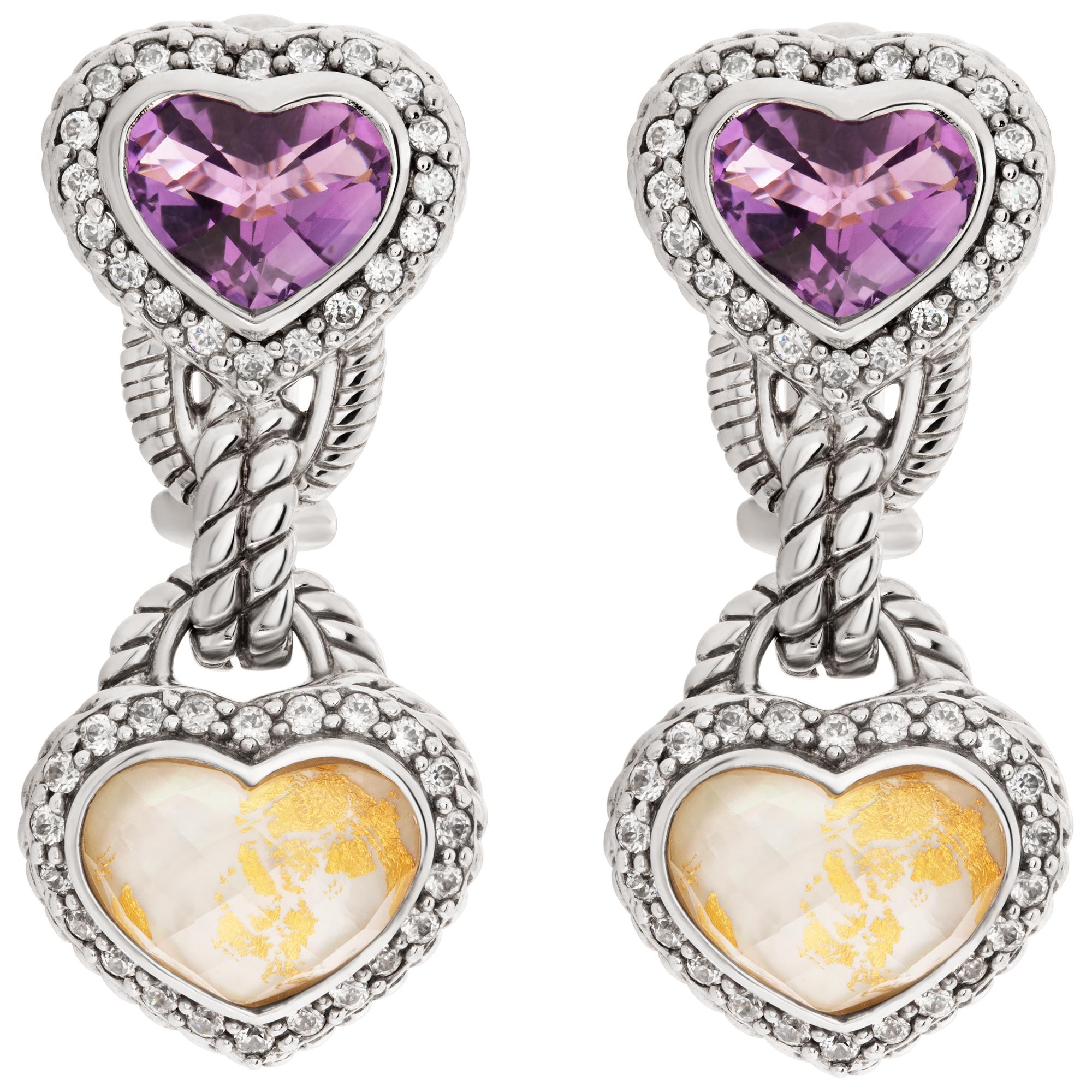 Judith Ripka earrings and ring set heart shaped amethyst and gold leaf doublet in sterling silver. Hanging length 33mm. Ring size 7