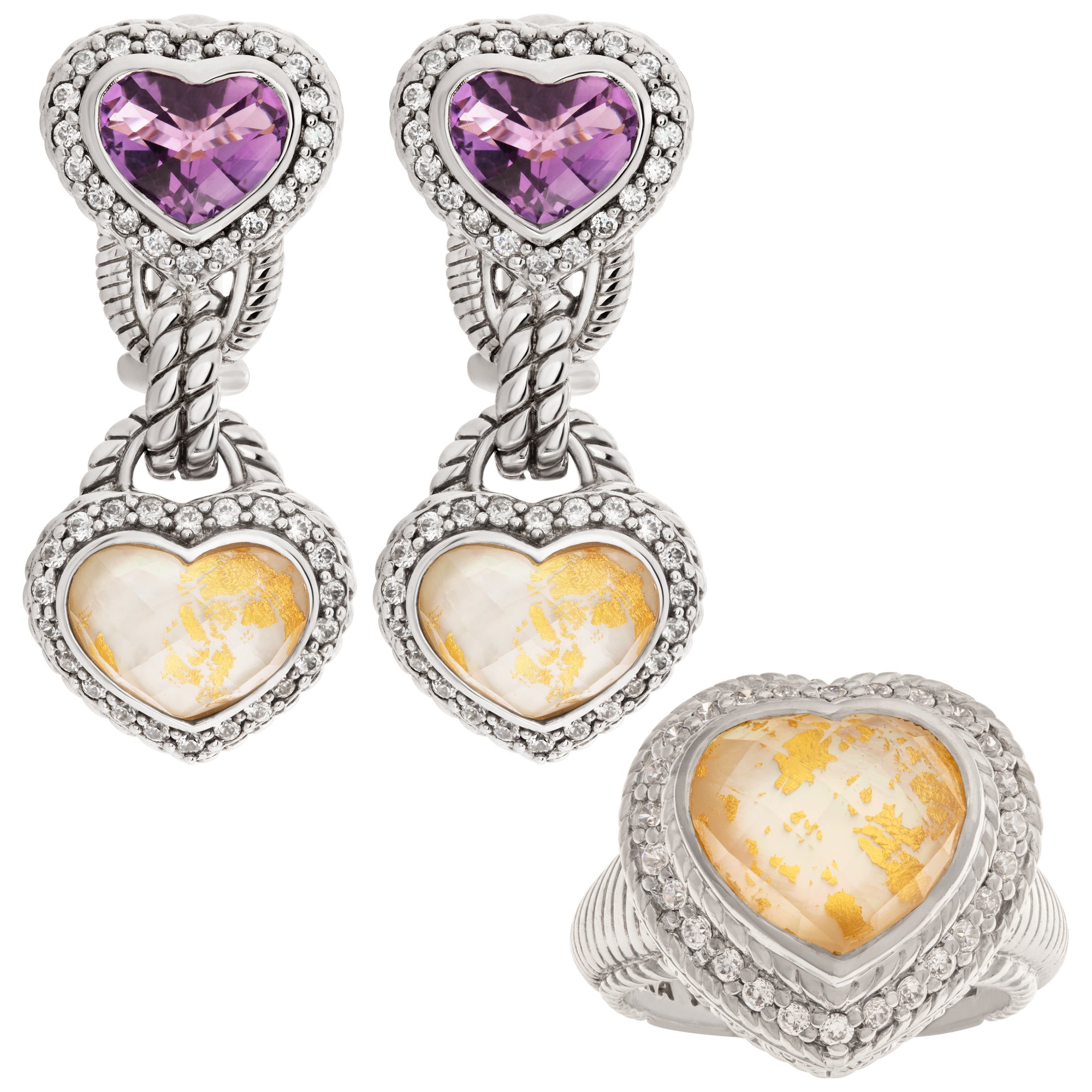 Judith Ripka Earrings and Ring Set Heart Shaped Amethyst and Gold Leaf Doublet For Sale