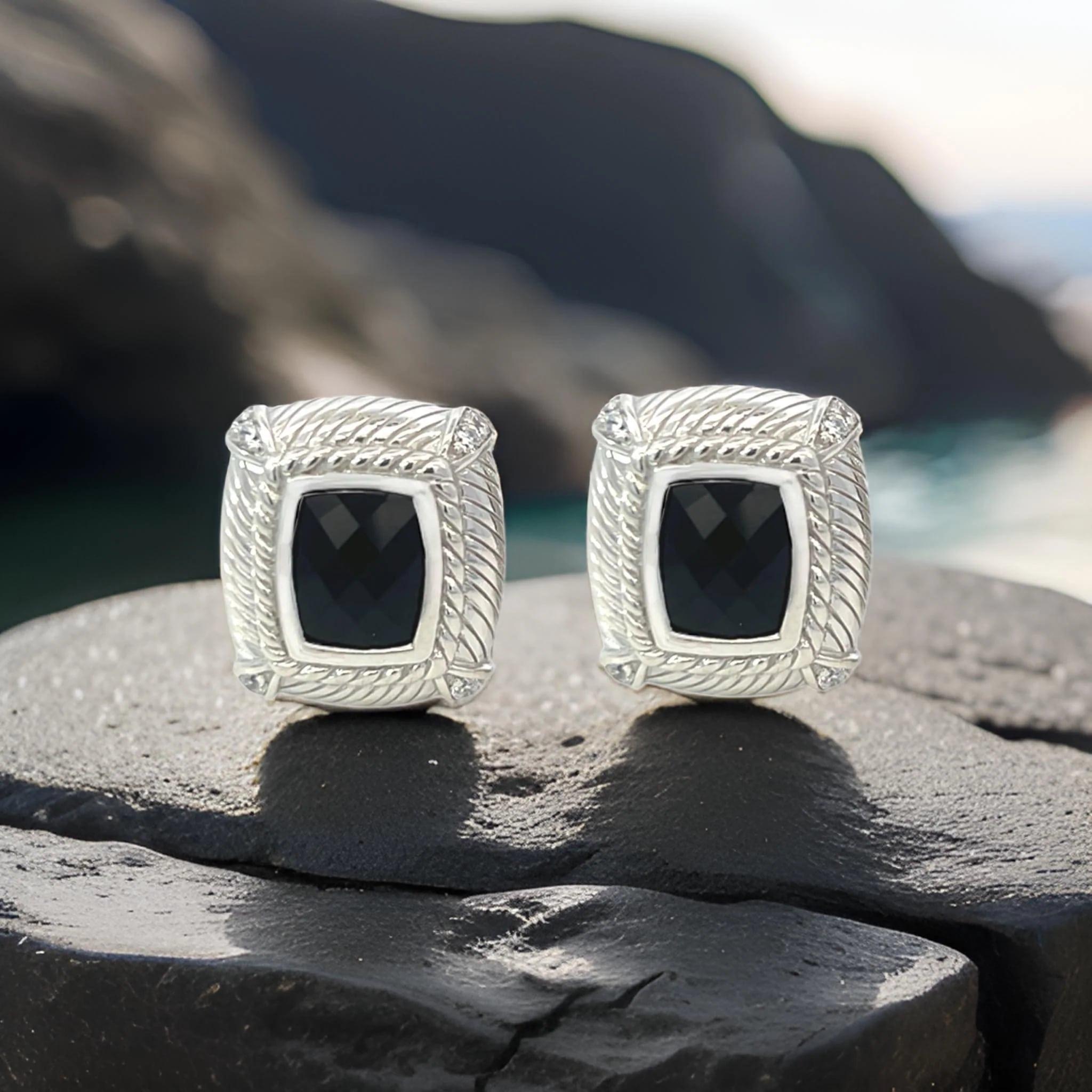 Judith Ripka Estate Onyx Omega Back Earrings Sterling Silver 14 Grams In Good Condition For Sale In Brooklyn, NY