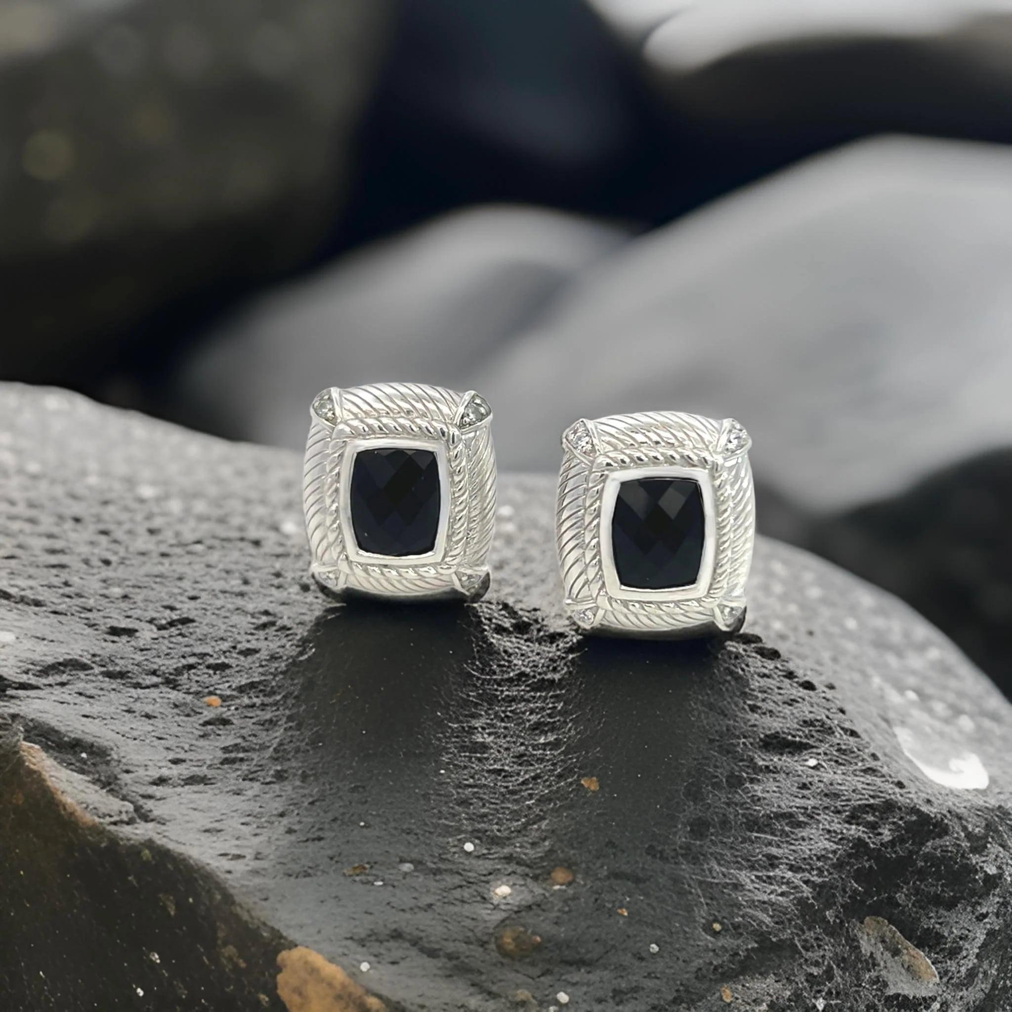 Judith Ripka Estate Onyx Omega Back Earrings Sterling Silver 14 Grams For Sale 3