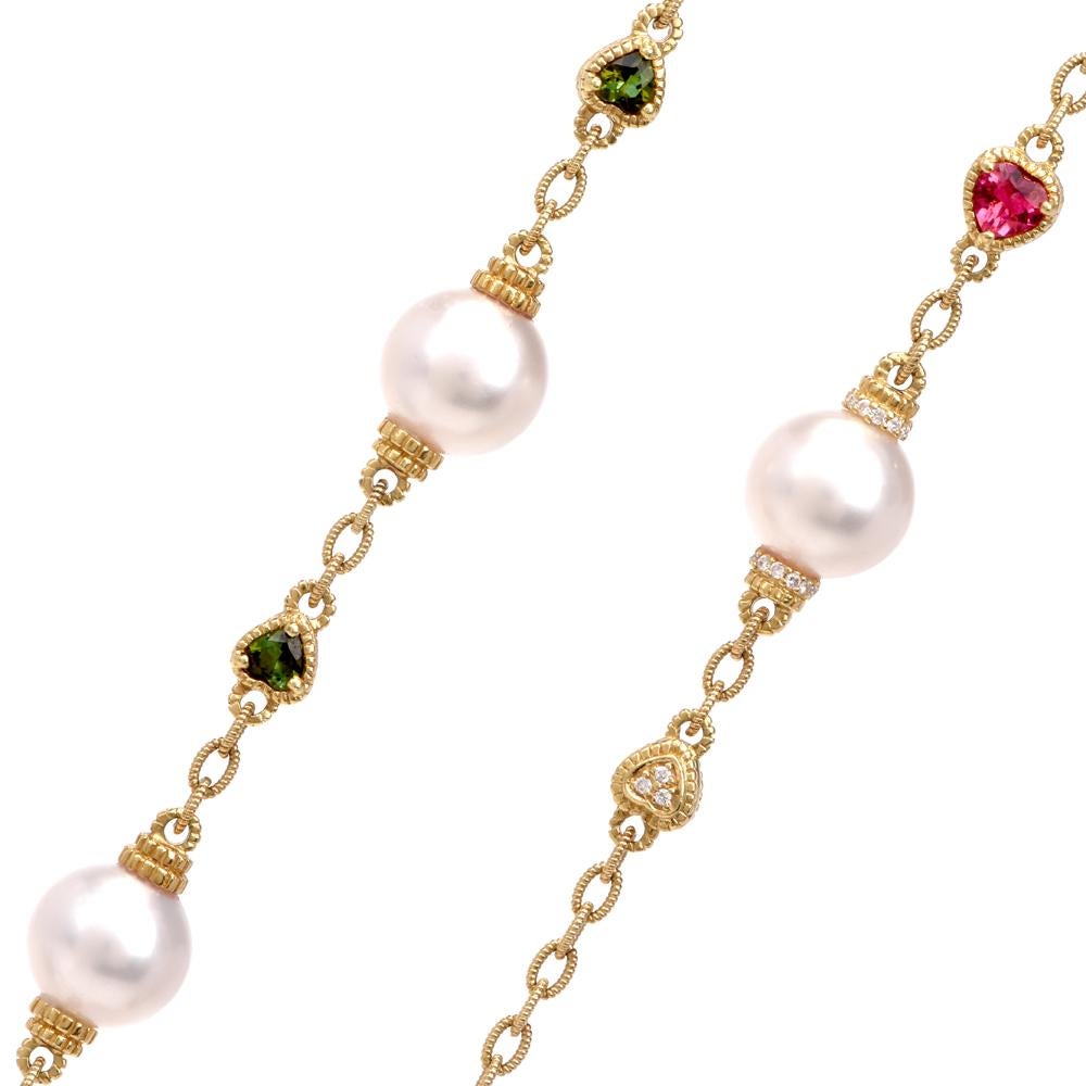 Heart Cut Judith Ripka Estate Tourmaline Pearl Diamond Gold Chain Necklace