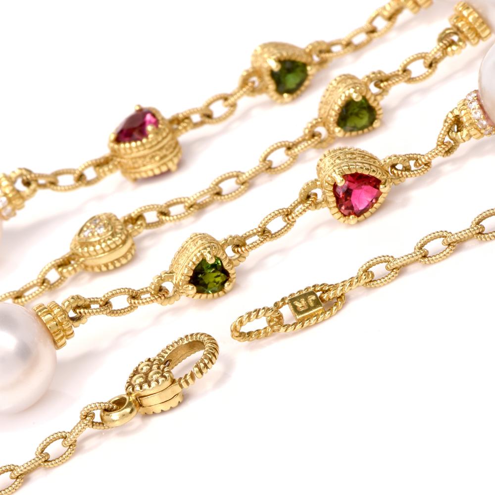 Judith Ripka Estate Tourmaline Pearl Diamond Gold Chain Necklace In Excellent Condition In Miami, FL