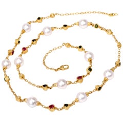 Retro Judith Ripka Estate Tourmaline Pearl Diamond Gold Chain Necklace