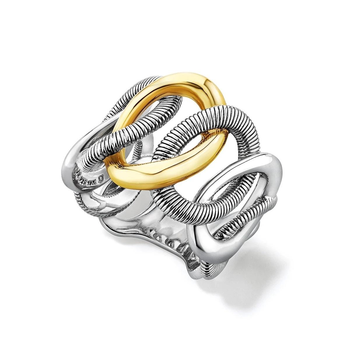 Our Eternity Interlocking Link Band Ring explores a variety of the textures, woven together in a shape that represents the bond of love that is both infinite and everlasting.

Sterling Silver with 18K Gold
Width: ¾
