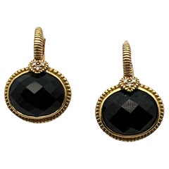 Judith Ripka Faceted Oval Onyx Diamond 18 Karat Yellow Gold Drop Earrings 