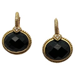 Judith Ripka Faceted Oval Onyx Diamond 18 Karat Yellow Gold Drop Earrings