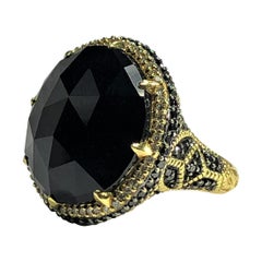 Judith Ripka Faceted Round Onyx, Black and White Diamond Ring in Yellow Gold