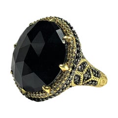 Judith Ripka Faceted Round Onyx, Black and White Diamond Ring in Yellow Gold