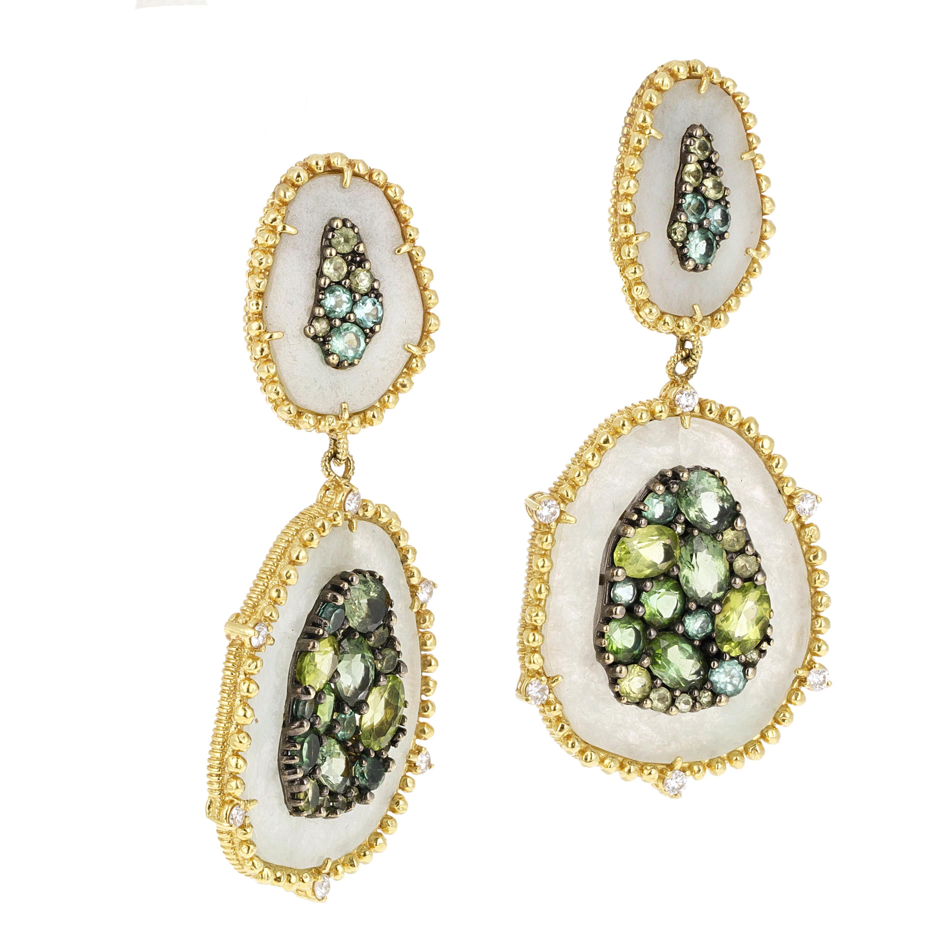 Judith Ripka 18 karat yellow gold green gemstone and diamond dangle earrings. There are 12 white round brilliant diamonds weighing an estimated 0.24 carats total weight. 

The earrings are stamped Judith Ripka. 
