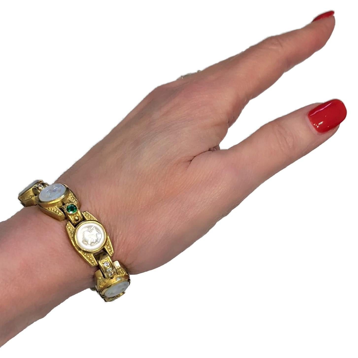 Judith Ripka Gold Bracelet with Diamonds Emeralds and Carved Mother of Pearl For Sale 2