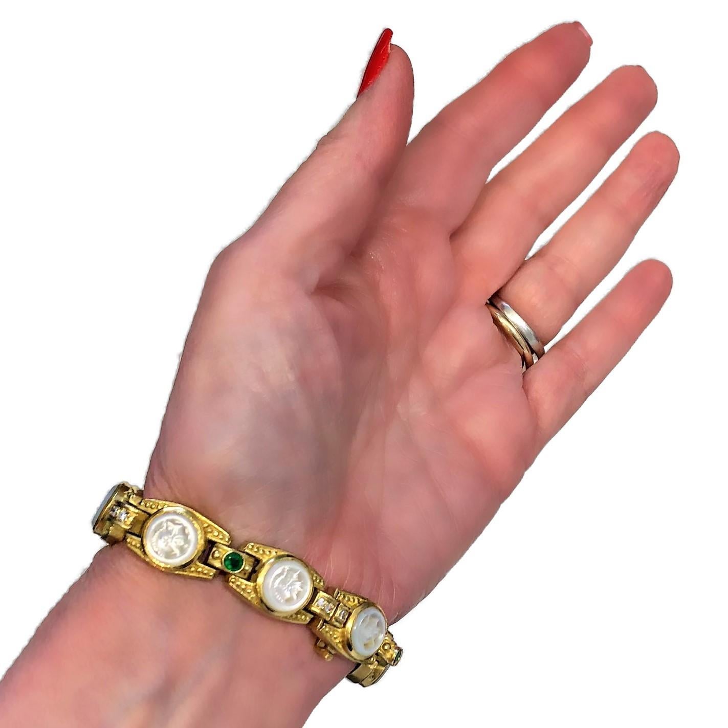 Judith Ripka Gold Bracelet with Diamonds Emeralds and Carved Mother of Pearl 4