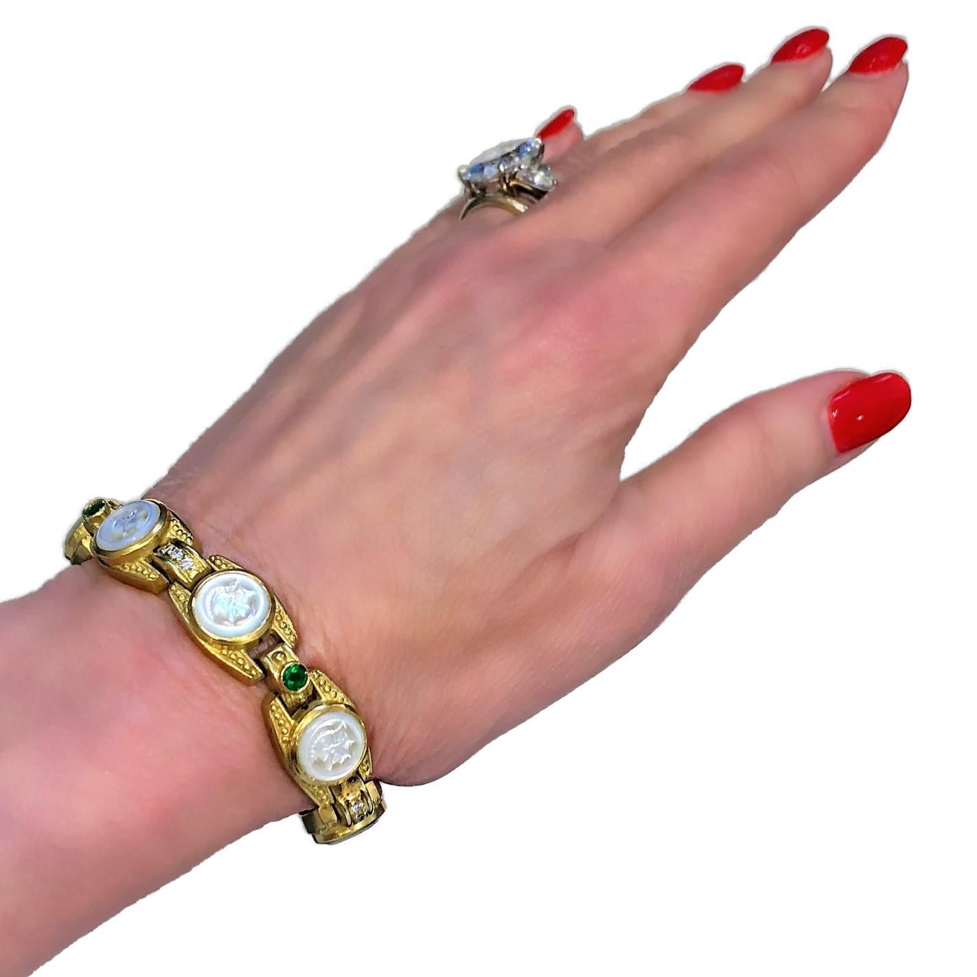 Judith Ripka Gold Bracelet with Diamonds Emeralds and Carved Mother of Pearl For Sale 1