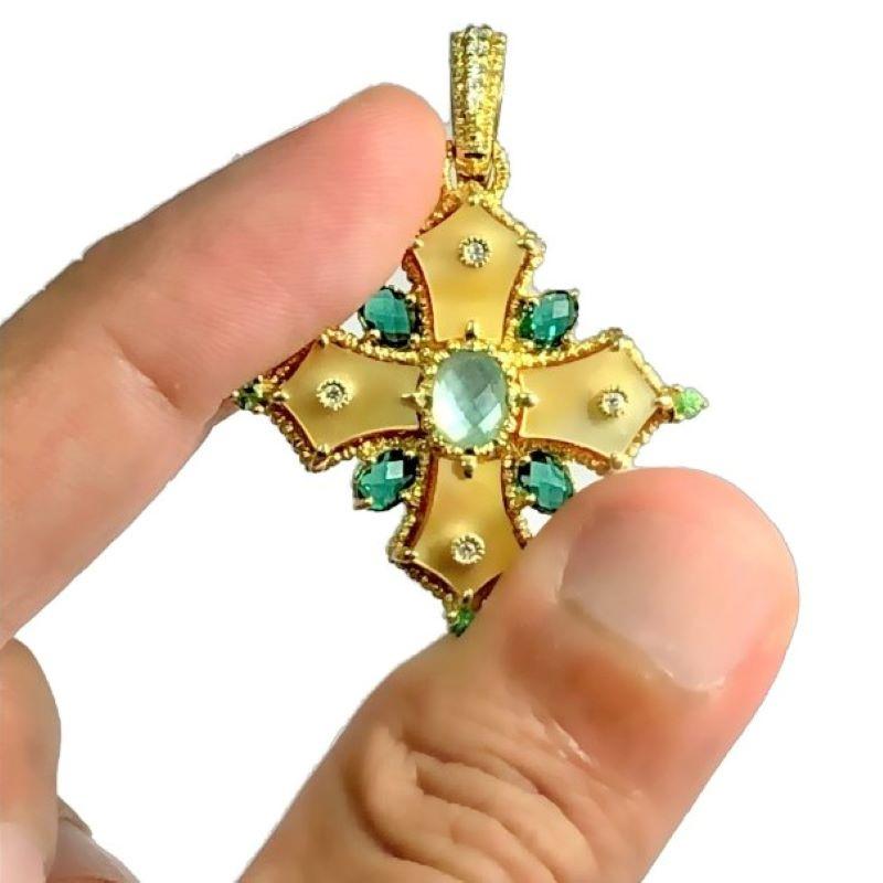 Brilliant Cut Judith Ripka Gold, Multi-Colored Stone and Diamond Maltese Cross Pendant