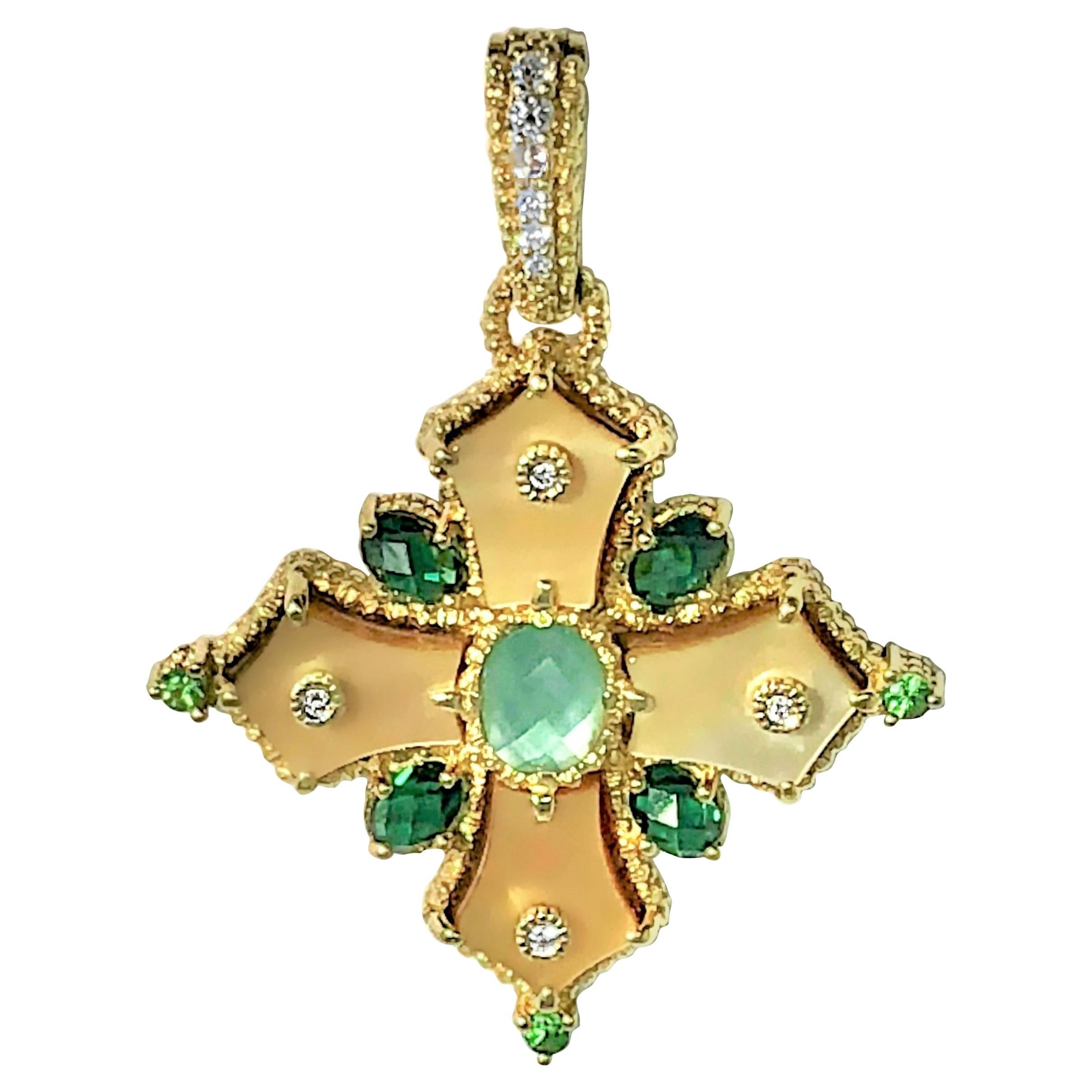 Judith Ripka Gold, Multi-Colored Stone and Diamond Maltese Cross Pendant