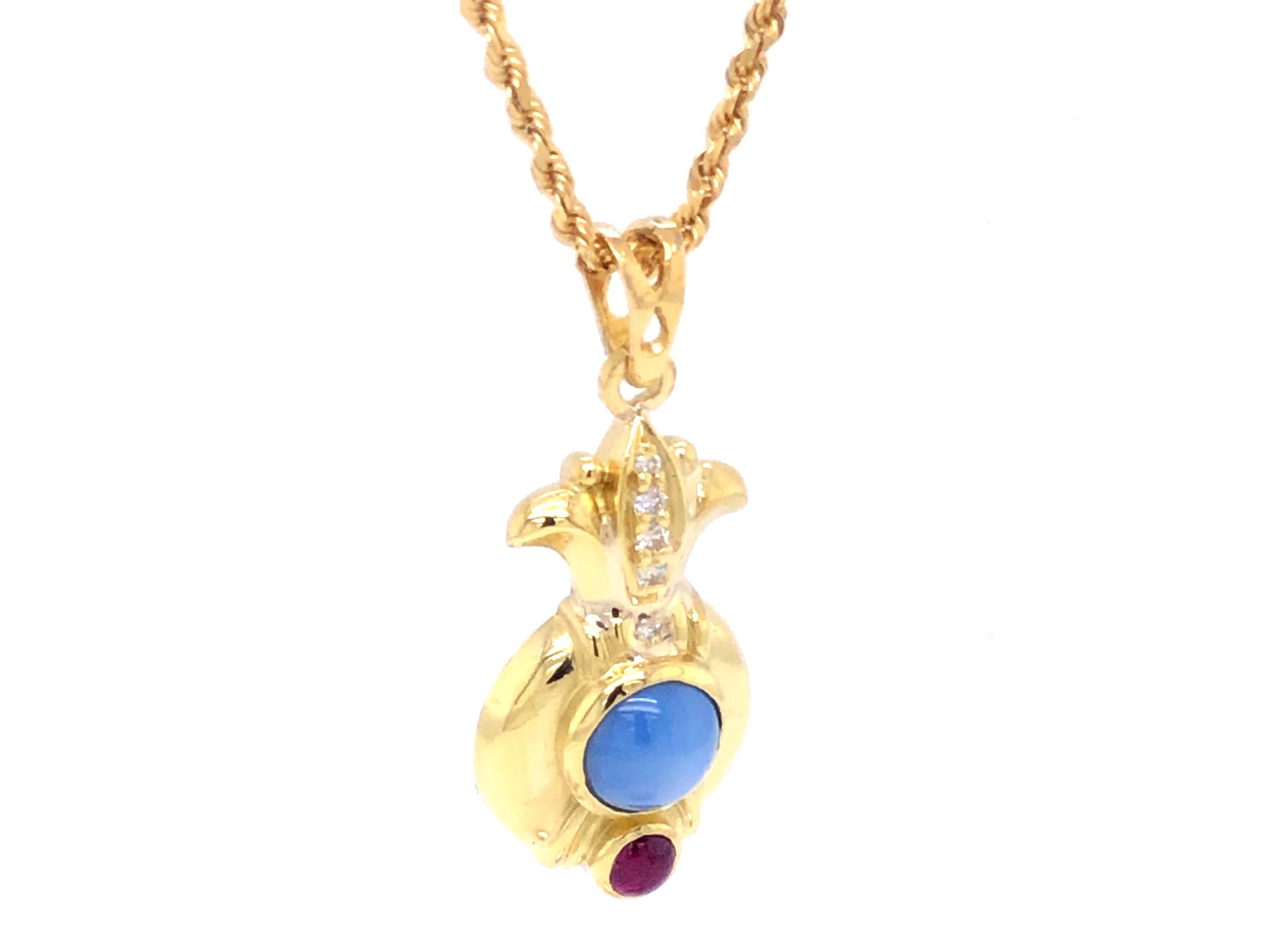 Modern Judith Ripka Gold Pineapple Diamond Star Sapphire Ruby Pendant, 18k Yellow Gold For Sale