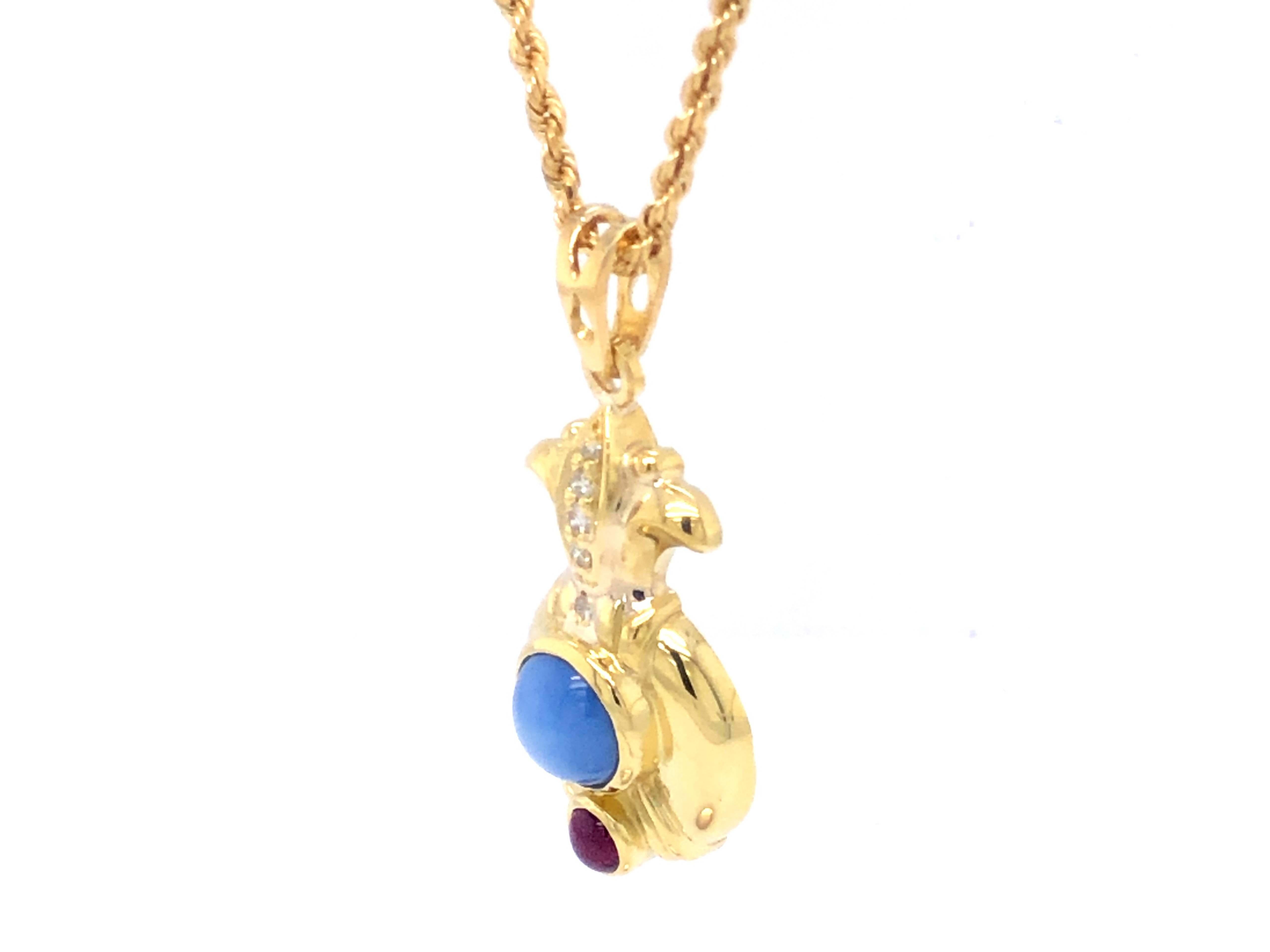 Round Cut Judith Ripka Gold Pineapple Diamond Star Sapphire Ruby Pendant, 18k Yellow Gold For Sale