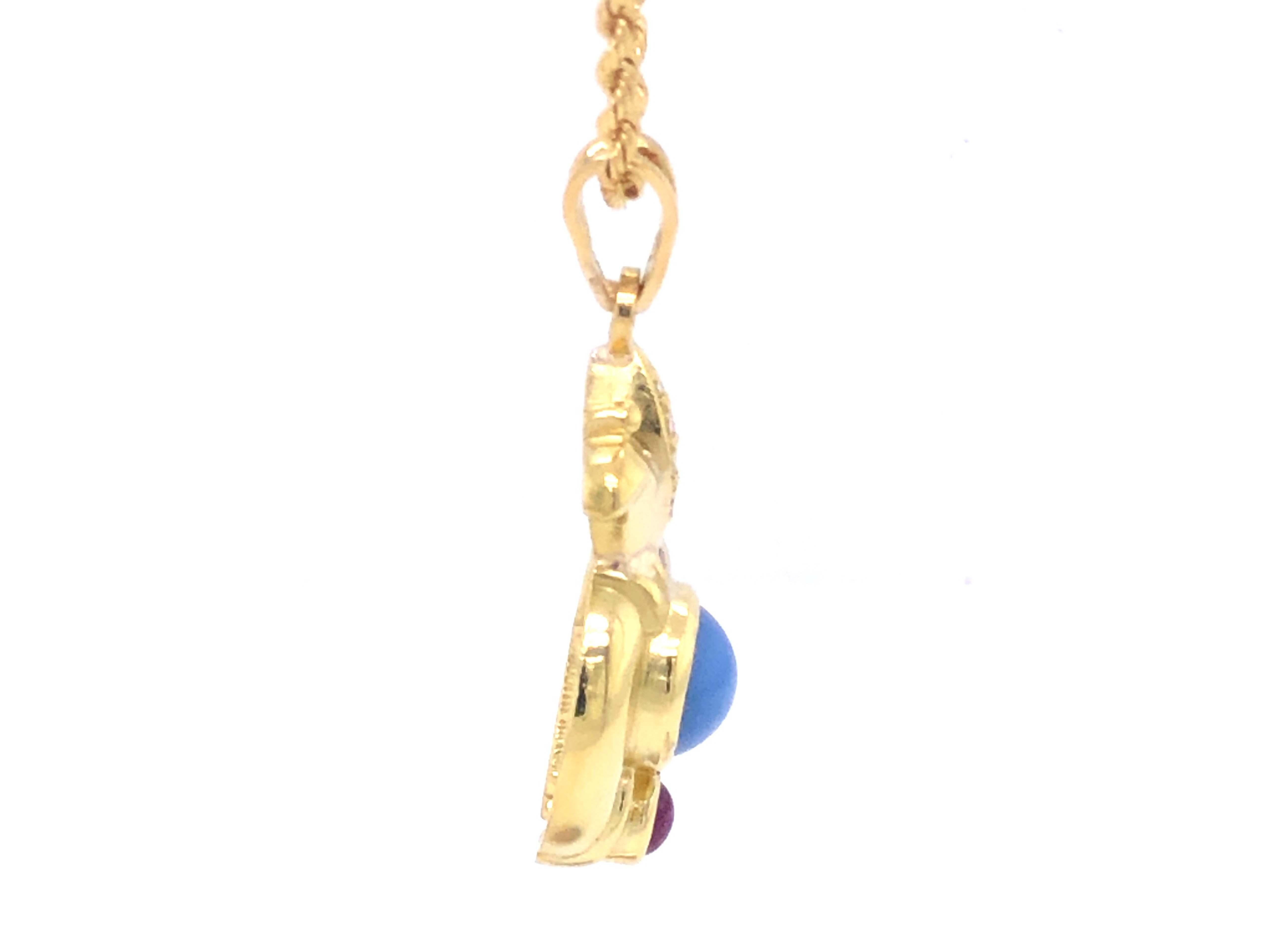 Judith Ripka Gold Pineapple Diamond Star Sapphire Ruby Pendant, 18k Yellow Gold In Excellent Condition For Sale In Honolulu, HI