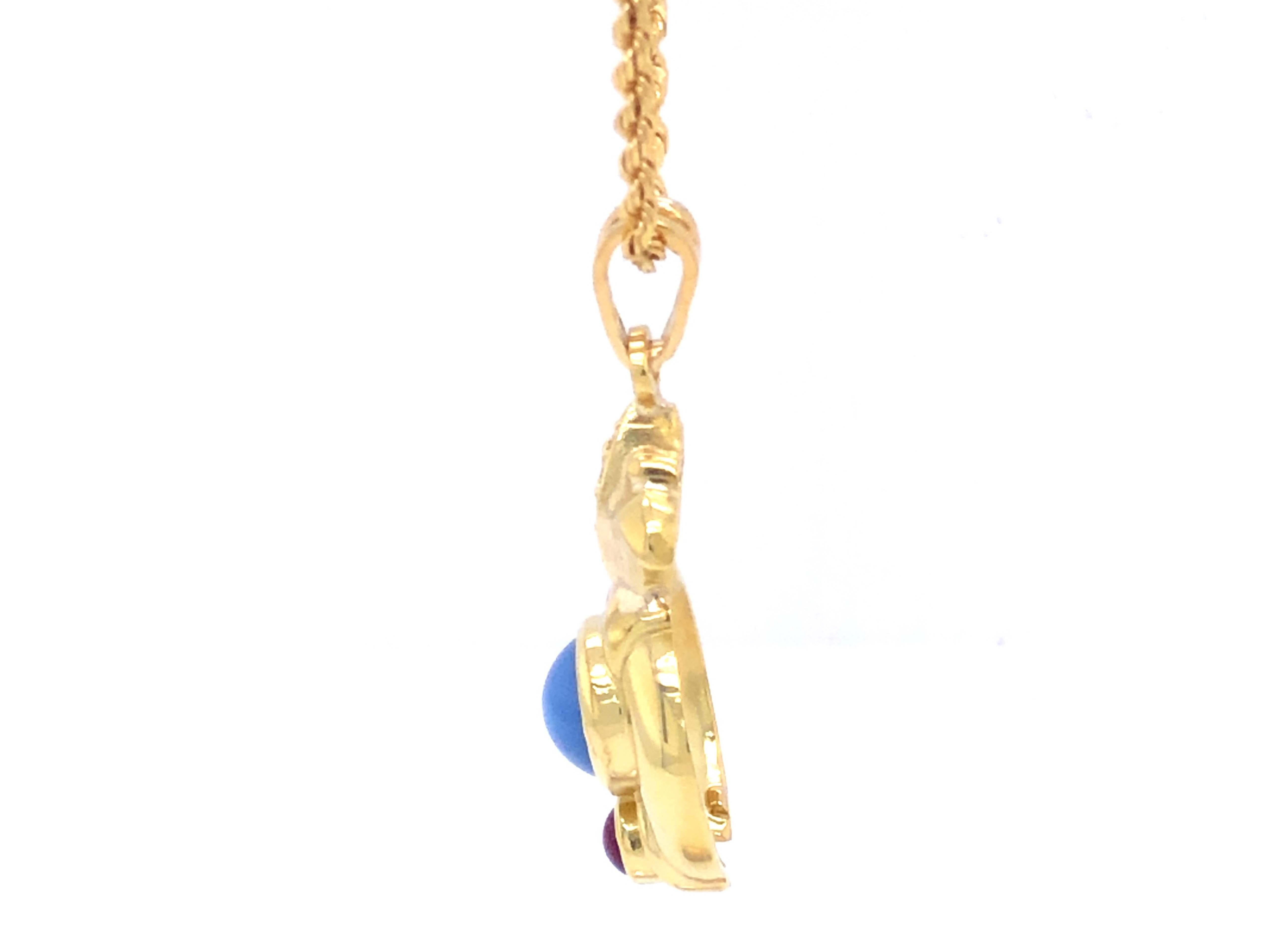 Women's or Men's Judith Ripka Gold Pineapple Diamond Star Sapphire Ruby Pendant, 18k Yellow Gold For Sale