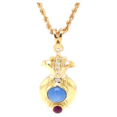 Retro Judith Ripka Gold Pineapple Diamond Star Sapphire Ruby Pendant, 18k Yellow Gold