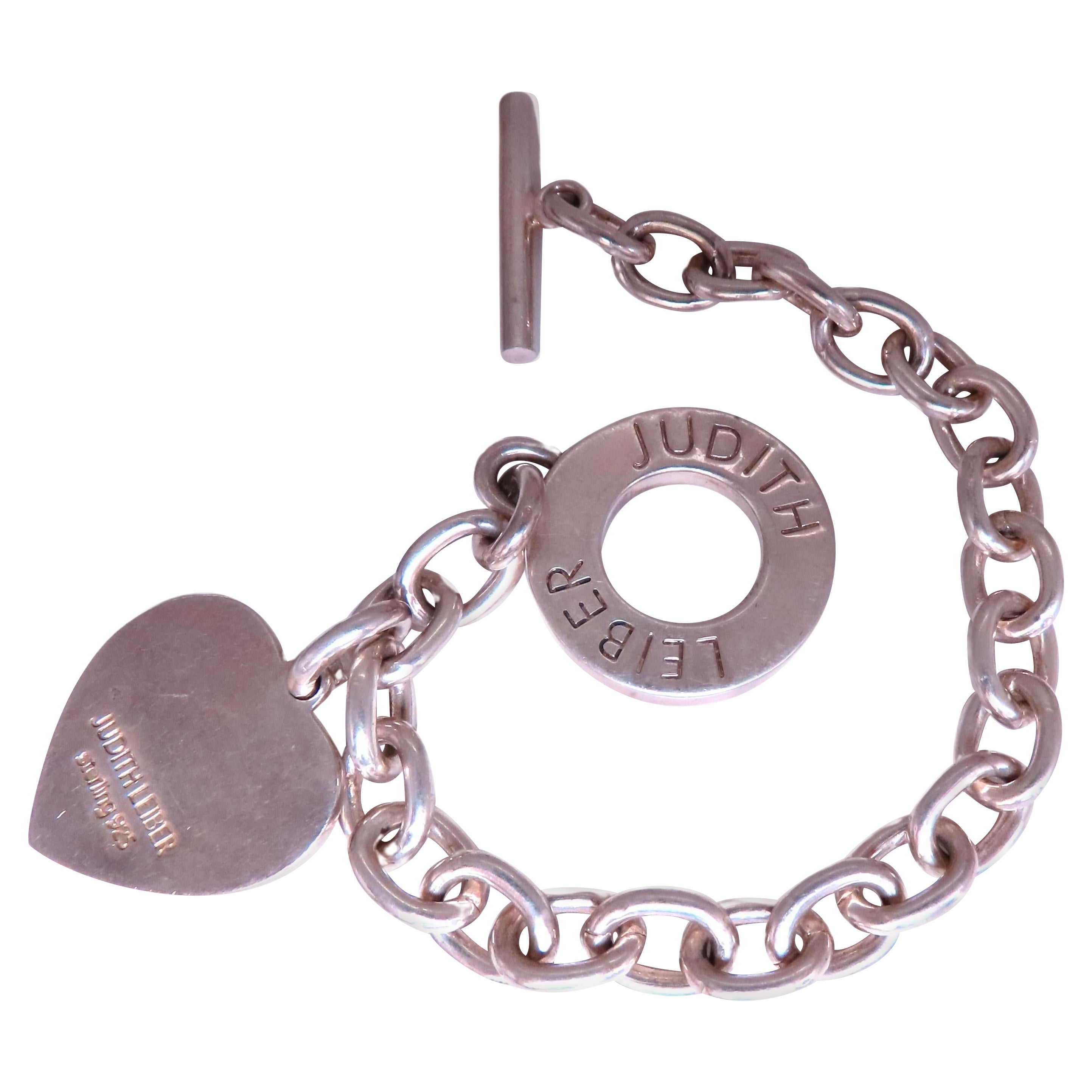 Judith Ripka Heart Charm Toggle Silver Bracelet 925 Sterling 12443* For Sale