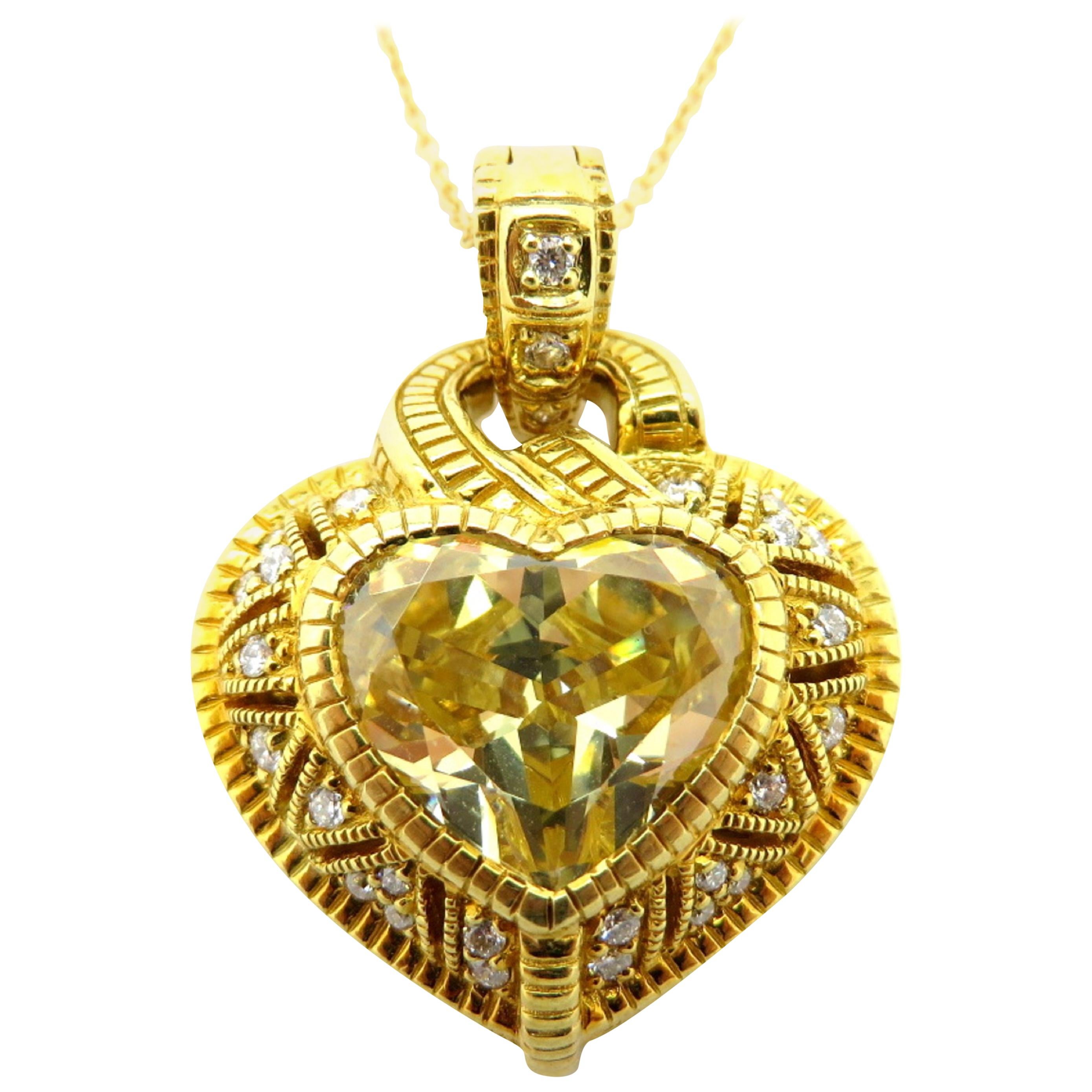 Judith Ripka Heart Shaped Canary Yellow Crystal and Diamond Necklace 18K 