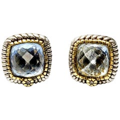 Judith Ripka JR Two Sterling Silver 18 Karat Gold Blue Quartz Diamond Earrings