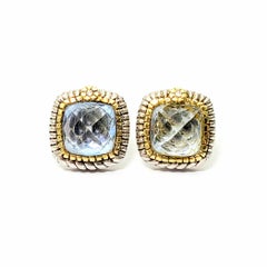 Judith Ripka JR Two Sterling Silver 18 Karat Gold Blue Quartz Diamond Earrings