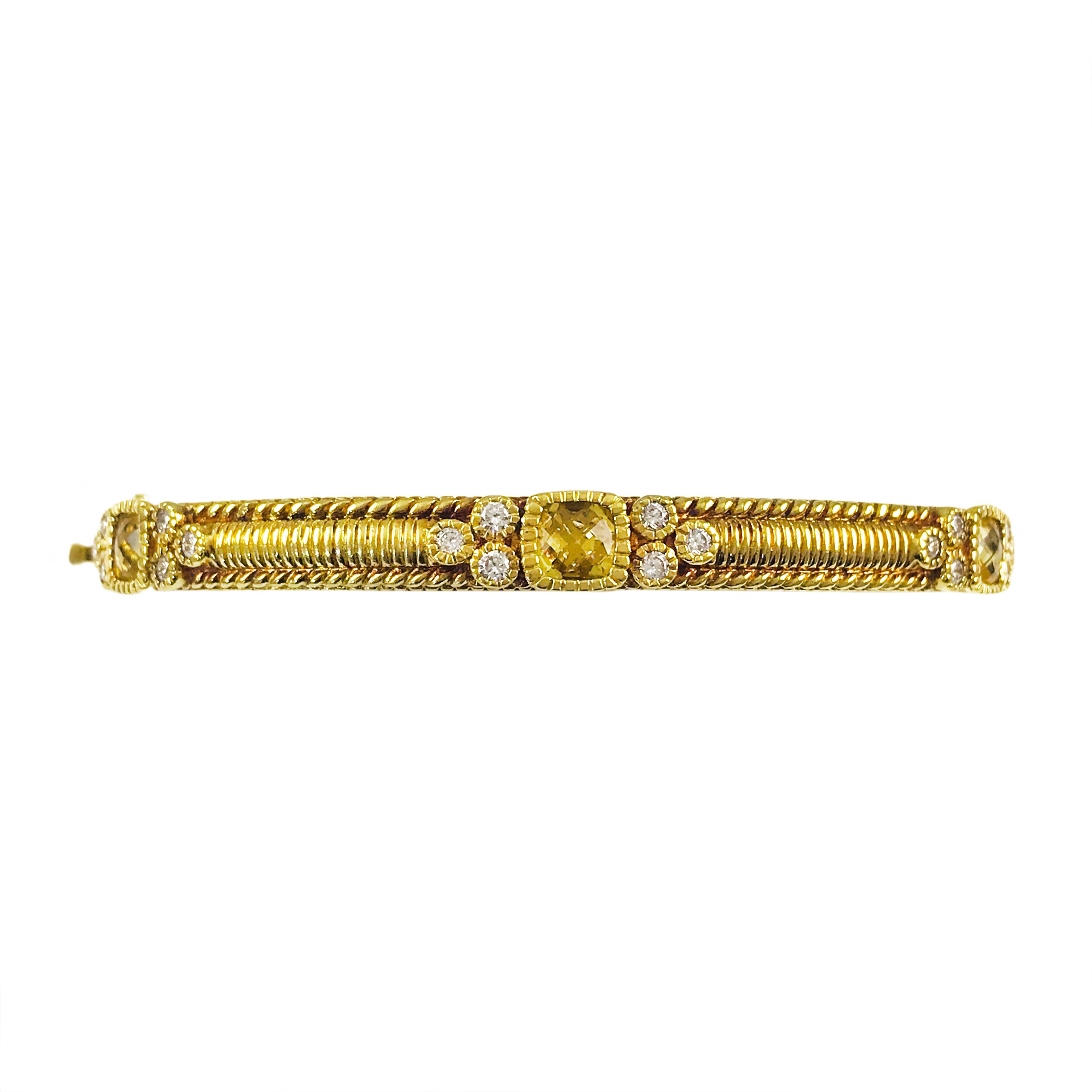 Judith Ripka La Petite Collection Diamond Citrine Hinged Bangle Bracelet. Six light yellow 5mm checkerboard Citrine are bezel-set around the bracelet. Thirty-six 1.7mm round diamonds are flush-set on both sides of each Citrine. The La Petite