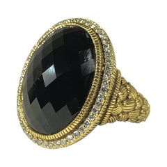Judith Ripka Large Scale, Oval Shaped Faceted Onyx & Diamond Ring in Yellow Gold