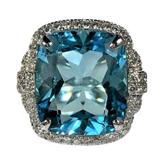Judith Ripka Large Scale White Gold Diamond and 17.90Ct Blue Topaz Ring