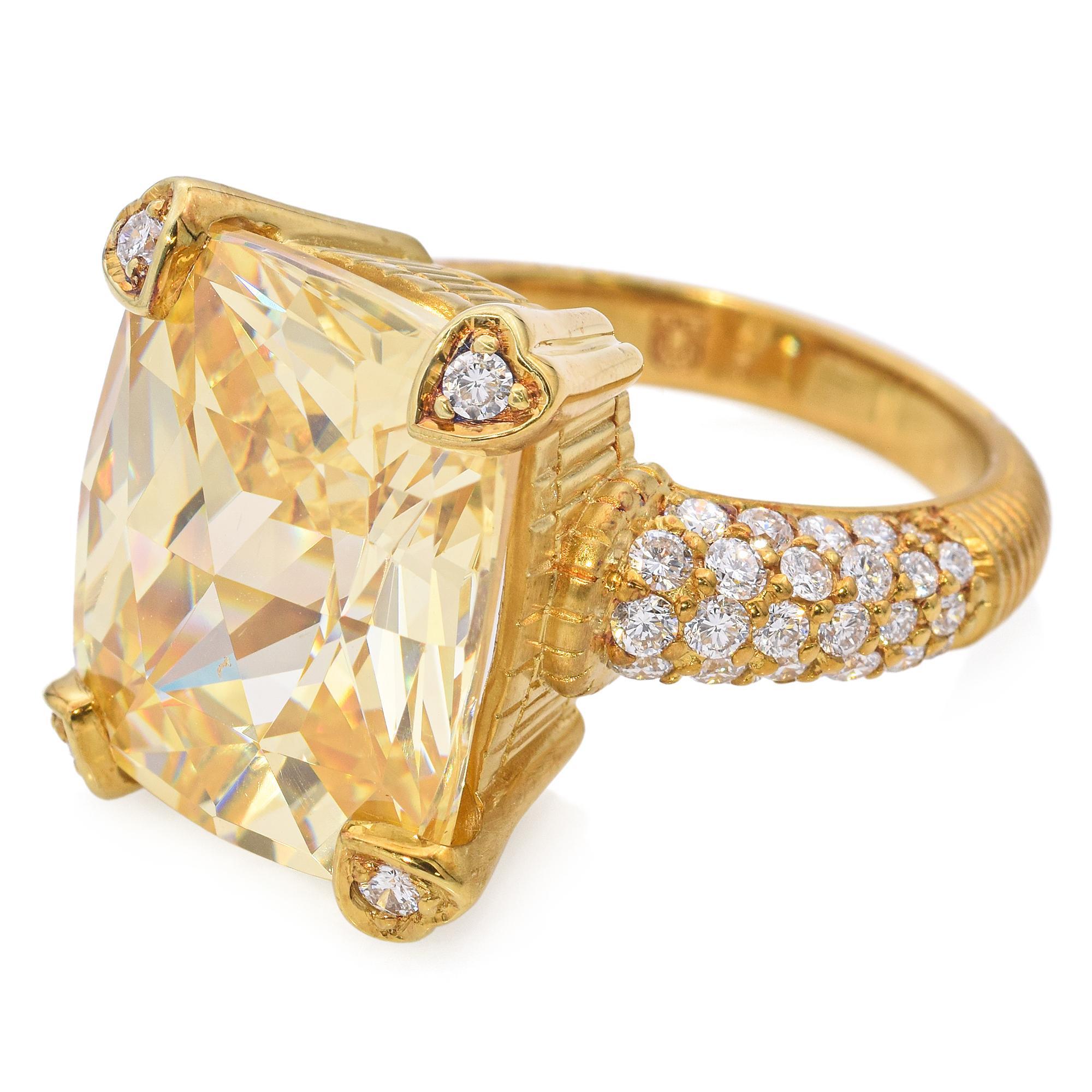 Cushion Cut Judith Ripka Lola 18k Yellow Gold Lemon Quartz Diamond Ring For Sale