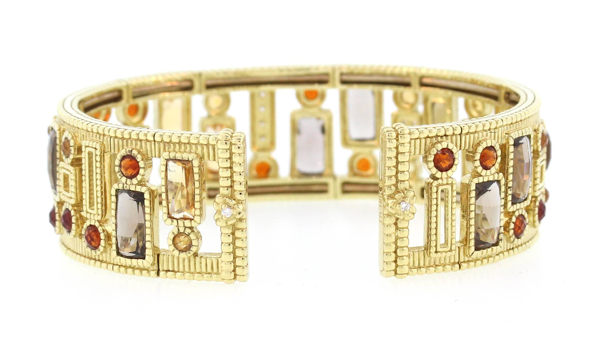 Judith Ripka Multi-Color Gemstone Yellow Gold and Diamond Cuff In Excellent Condition In Boca Raton, FL