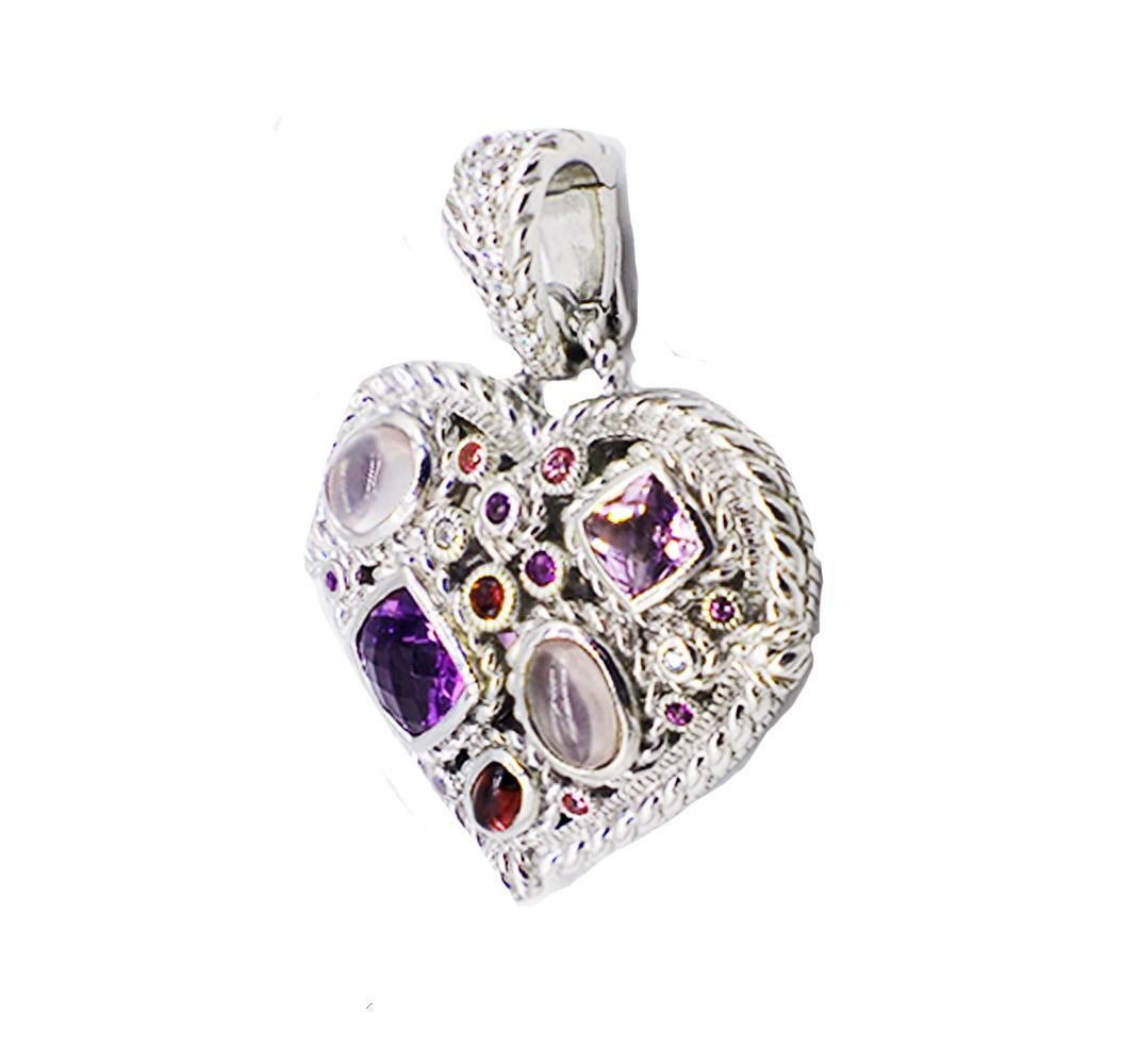 Judith Ripka Multi Gemstone Heart Necklace Enhancer 925 Sterling Silver
The measurements are 1-3/4 in length with enhancer by 1-1/2 inches wide. The enhancer is large enough to open and support a strand of pearls or large chain, 6 mm wide. 
Quality,