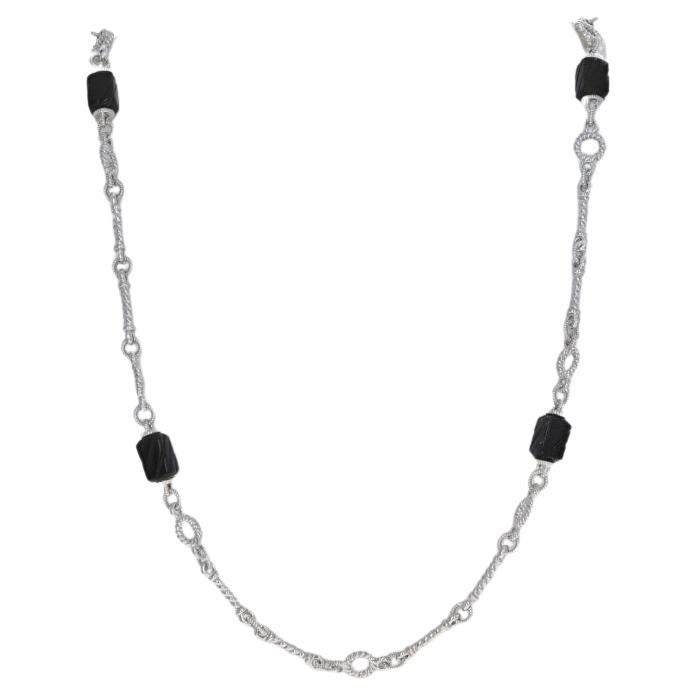 Judith Ripka Onyx Station Chain Necklace 36" Sterling 925 Carved Bead & Cabochon For Sale