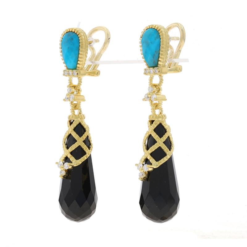 Brand: Judith Ripka

Metal Content: 18k Yellow Gold

Stone Information
Natural Onyx
Cut: Briolette
Color: Black

Natural Turquoise
Treatment: Routinely Enhanced
Cut: Pear Cabochon Checkerboard
Color: Blue

Natural Diamonds
Carat(s): .36ctw
Cut: