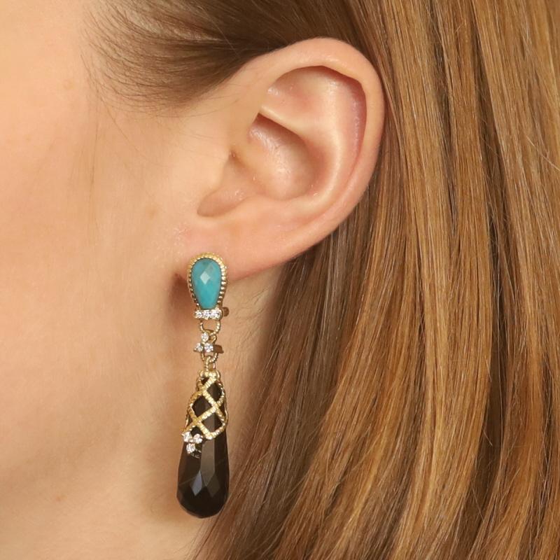 Briolette Cut Judith Ripka Onyx Turquoise Diamond Dangle Earrings - Yellow Gold 18k Brio.36ctw For Sale