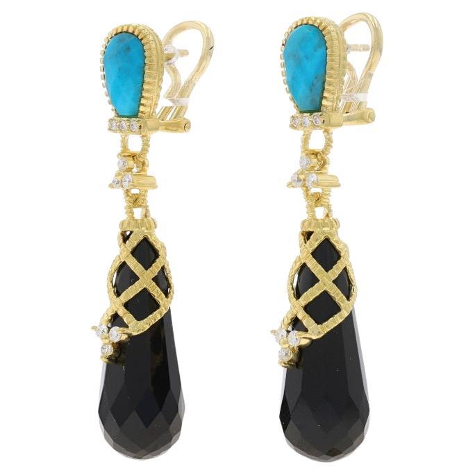 Judith Ripka Onyx Turquoise Diamond Dangle Earrings - Yellow Gold 18k Brio.36ctw For Sale