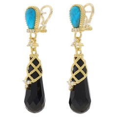 Judith Ripka Onyx Turquoise Diamond Dangle Earrings - Yellow Gold 18k Brio.36ctw