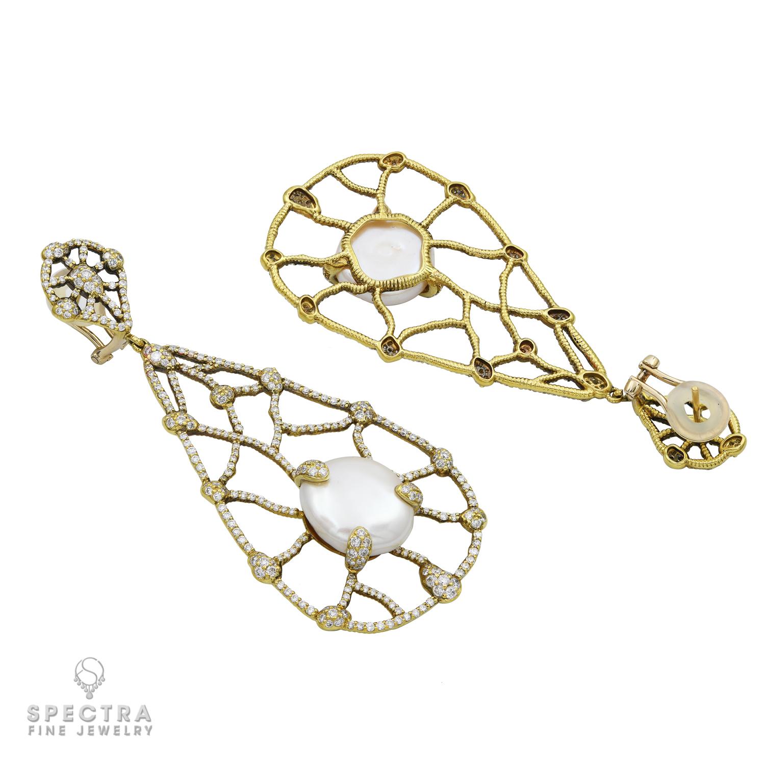 There is something organic, almost leaf-like about these Judith Ripka Pearl Diamond Drop Chandelier Earrings, highlighting just the veins of the leaf minus the green, just the structure or lifeforce of the leaf that transports water, nutrients, and