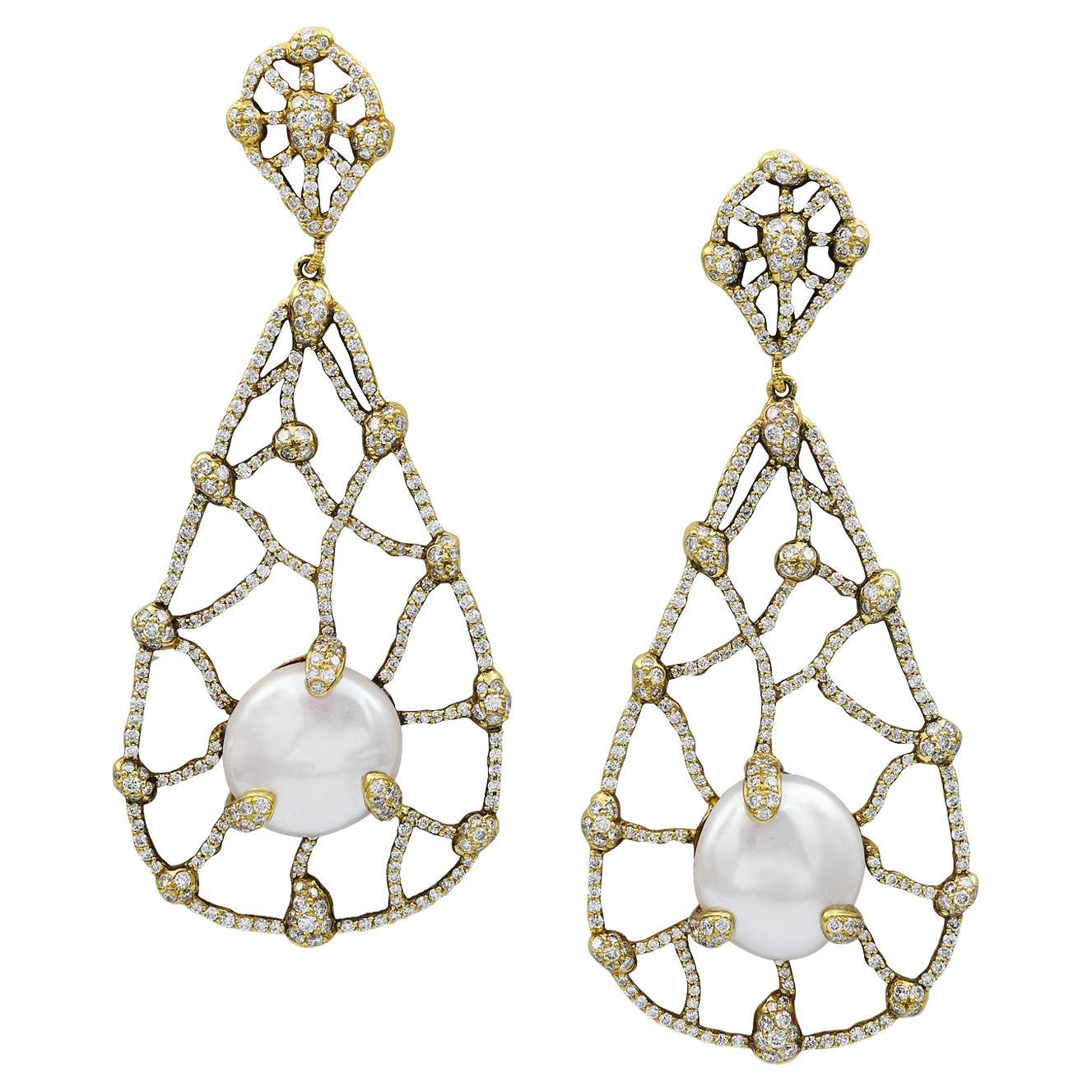 Judith Ripka Pearl Diamond Drop Earrings For Sale