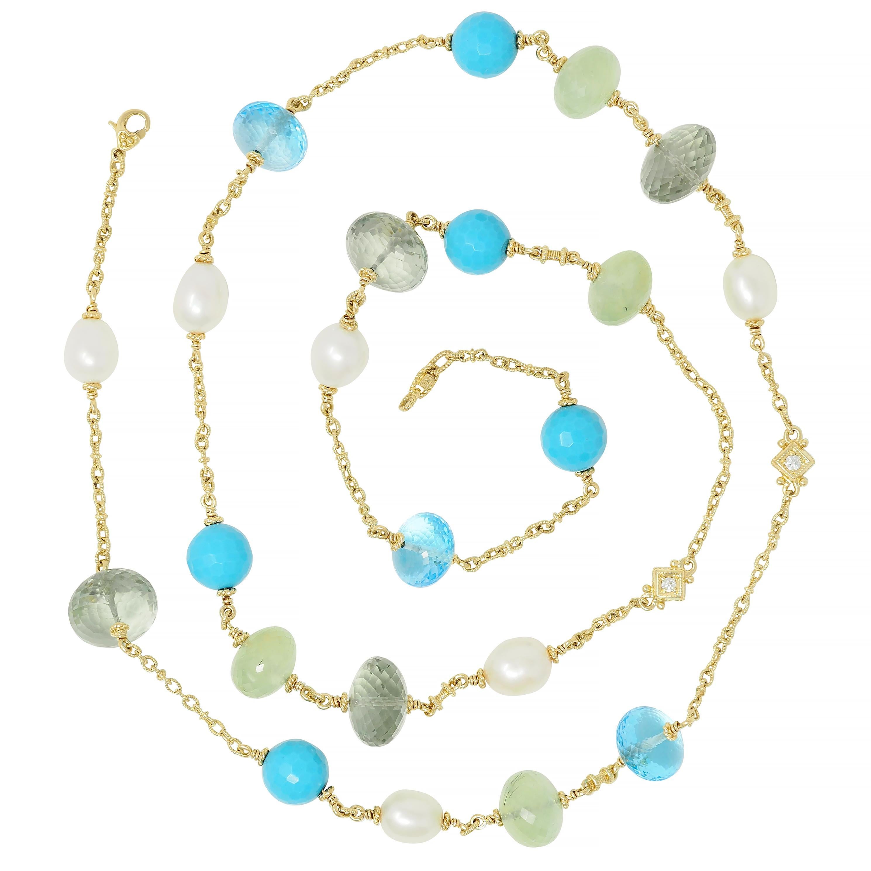 Bead Judith Ripka Pearl Diamond Turquoise Multi-Gem 18 Karat Gold Station Necklace