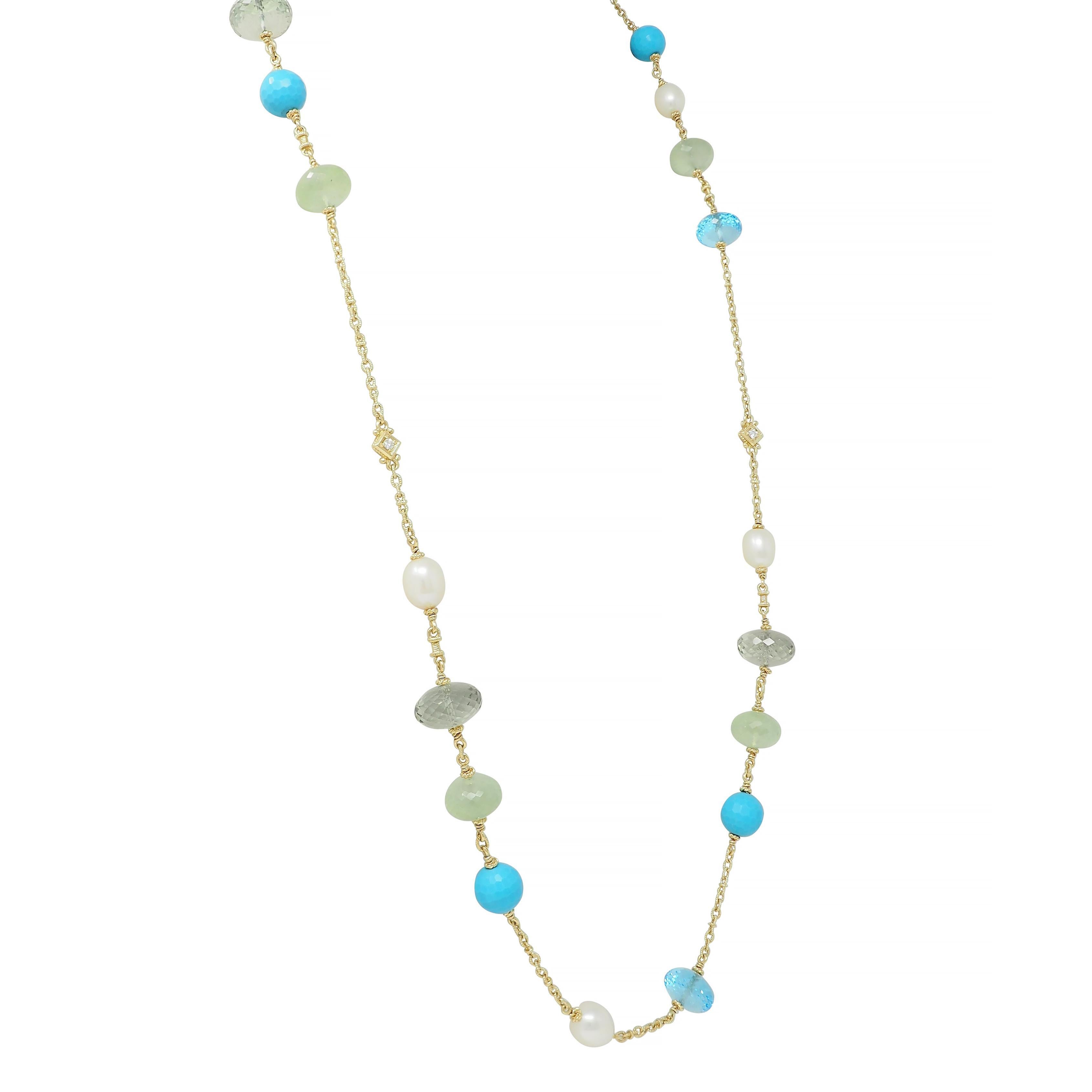 Judith Ripka Pearl Diamond Turquoise Multi-Gem 18 Karat Gold Station Necklace In Excellent Condition In Philadelphia, PA