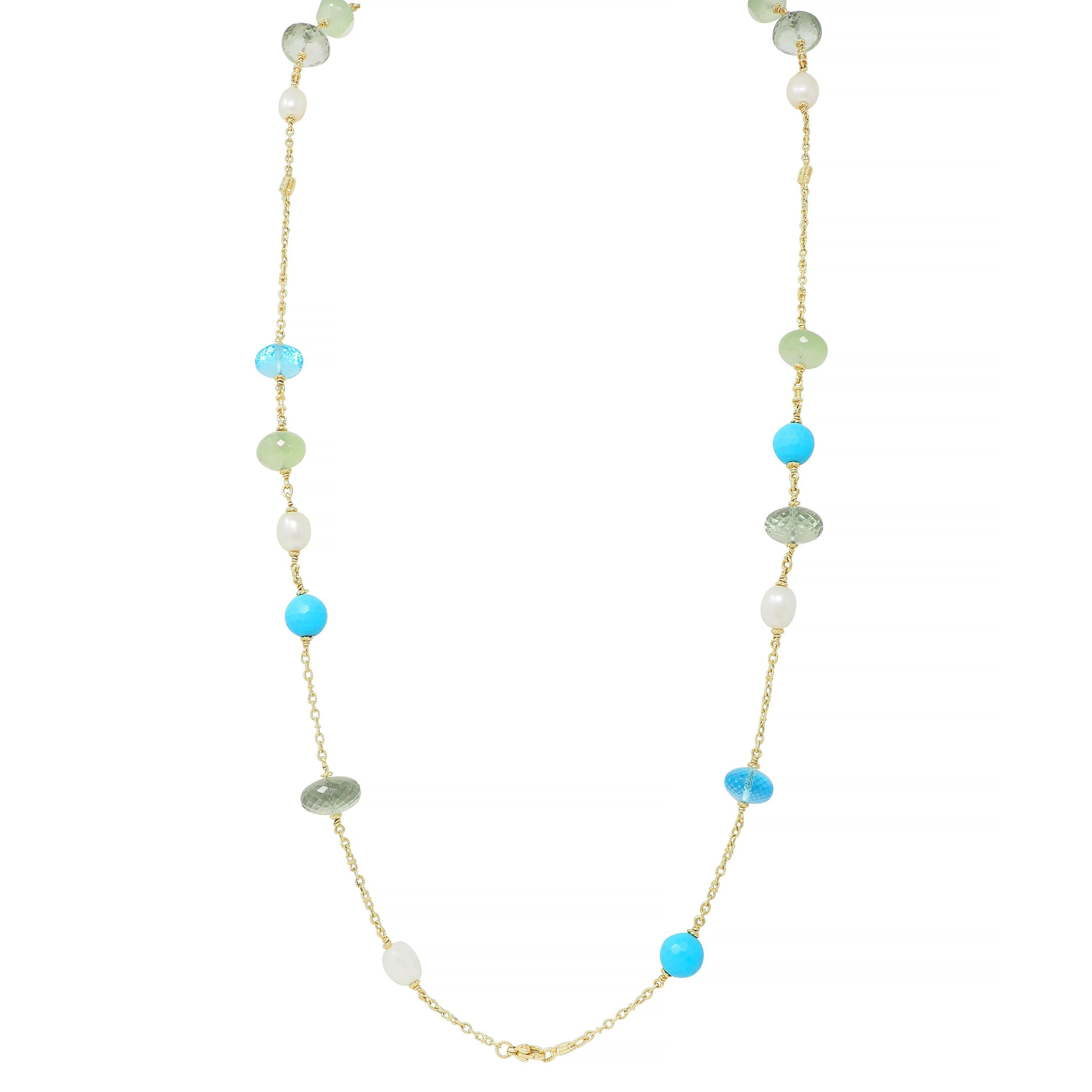 Women's or Men's Judith Ripka Pearl Diamond Turquoise Multi-Gem 18 Karat Gold Station Necklace