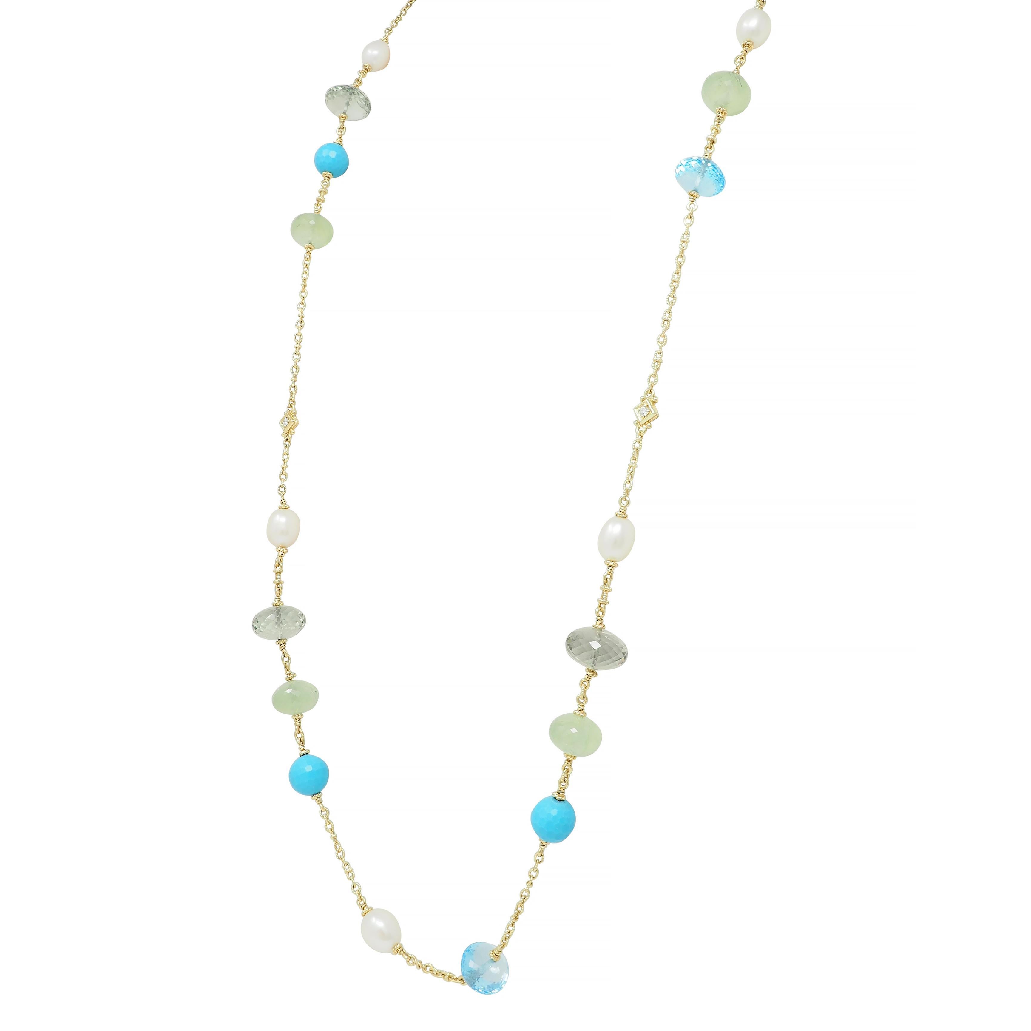 Judith Ripka Pearl Diamond Turquoise Multi-Gem 18 Karat Gold Station Necklace 1