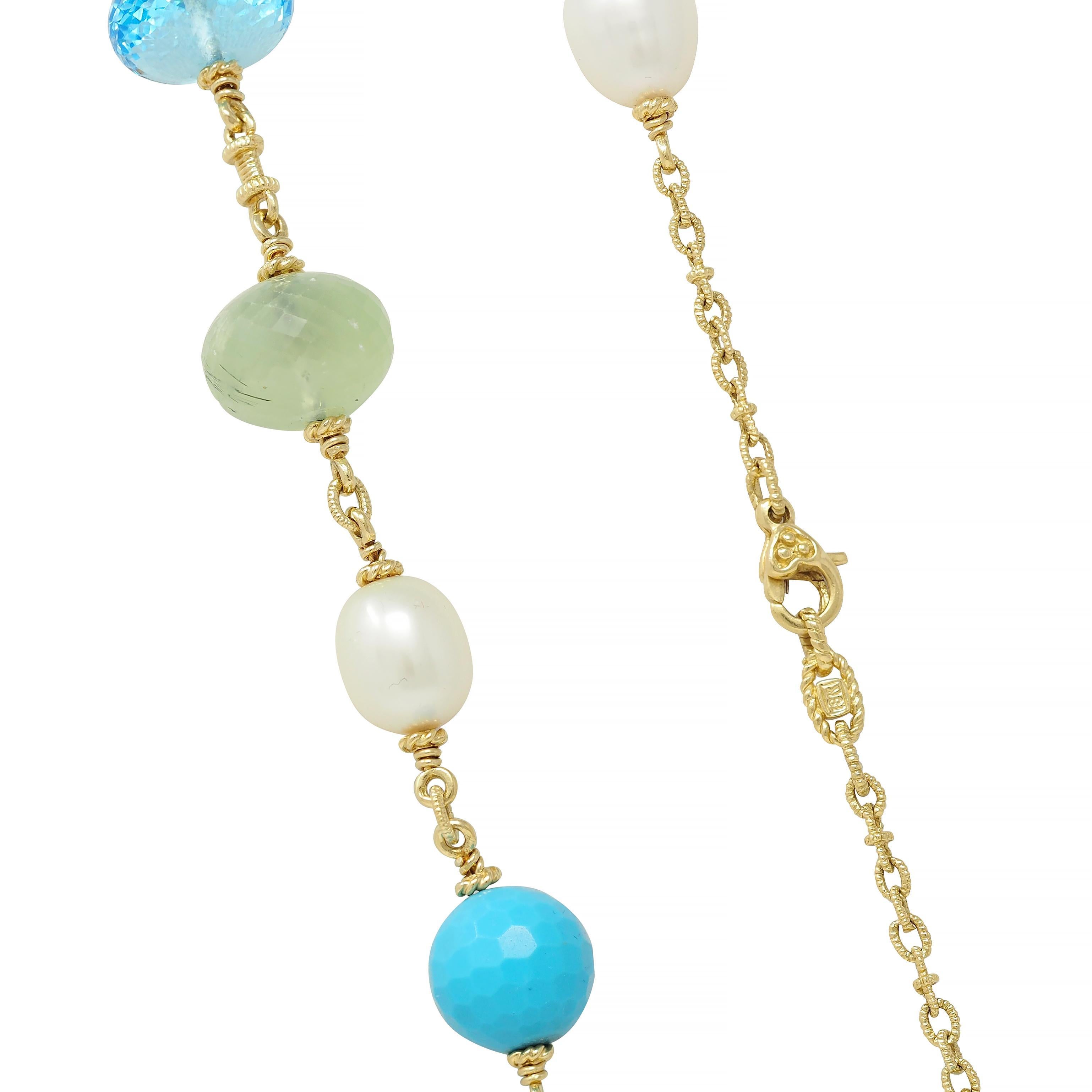 Judith Ripka Pearl Diamond Turquoise Multi-Gem 18 Karat Gold Station Necklace 2